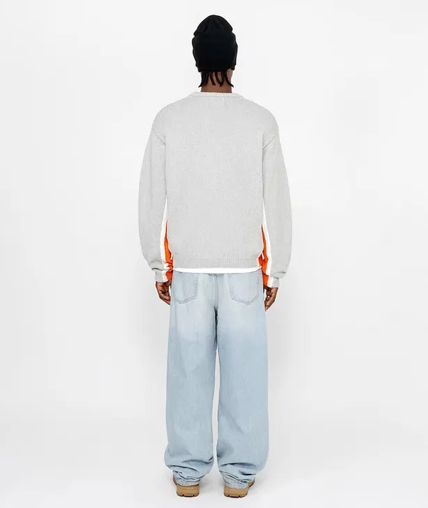 Contrast color patchwork sweater STUSSY FW24 STRIPE CREW Holiday series Jacquard knitted crew neck sweater carbon black M gray M-XL