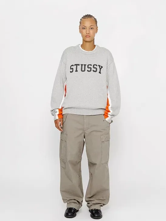 Contrast color patchwork sweater STUSSY FW24 STRIPE CREW Holiday series Jacquard knitted crew neck sweater carbon black M gray M-XL
