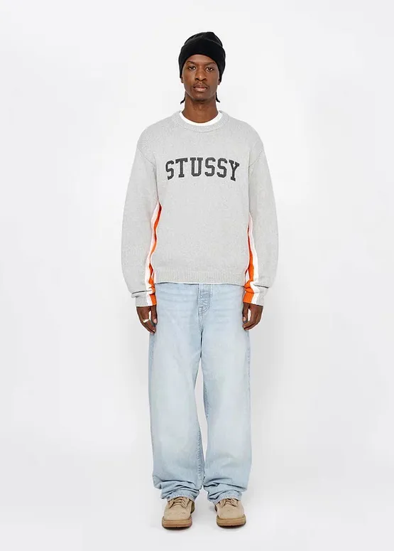 Contrast color patchwork sweater STUSSY FW24 STRIPE CREW Holiday series Jacquard knitted crew neck sweater carbon black M gray M-XL
