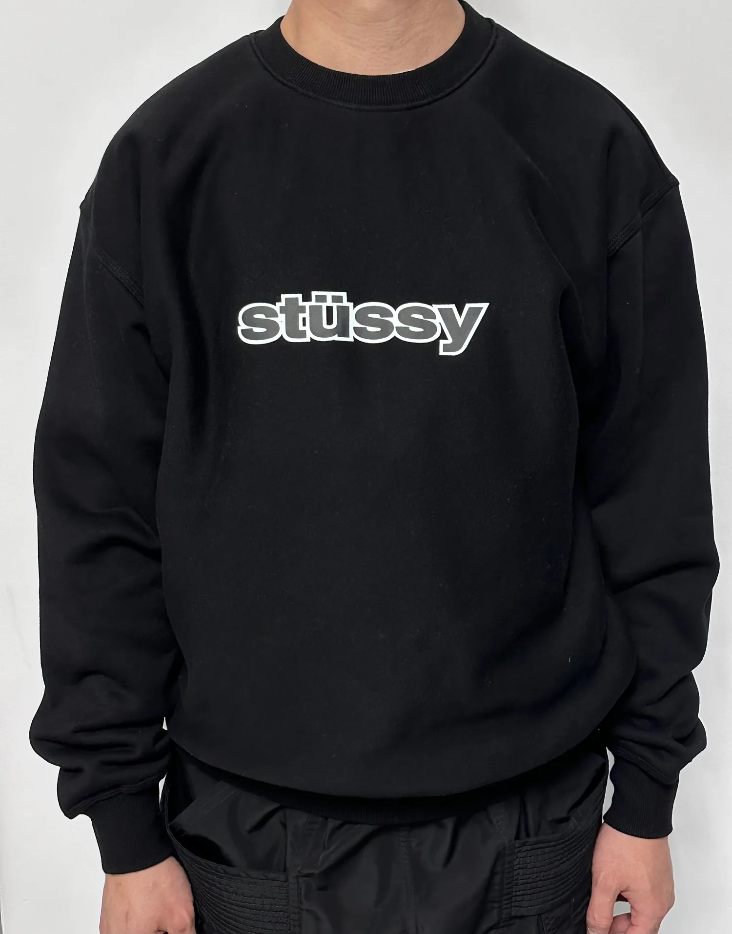 STUSSY 23FW SS-LINK CREW Double S-shaped chain printed pattern round neck sweatshirt, same style for men and women, black light gray S-XL