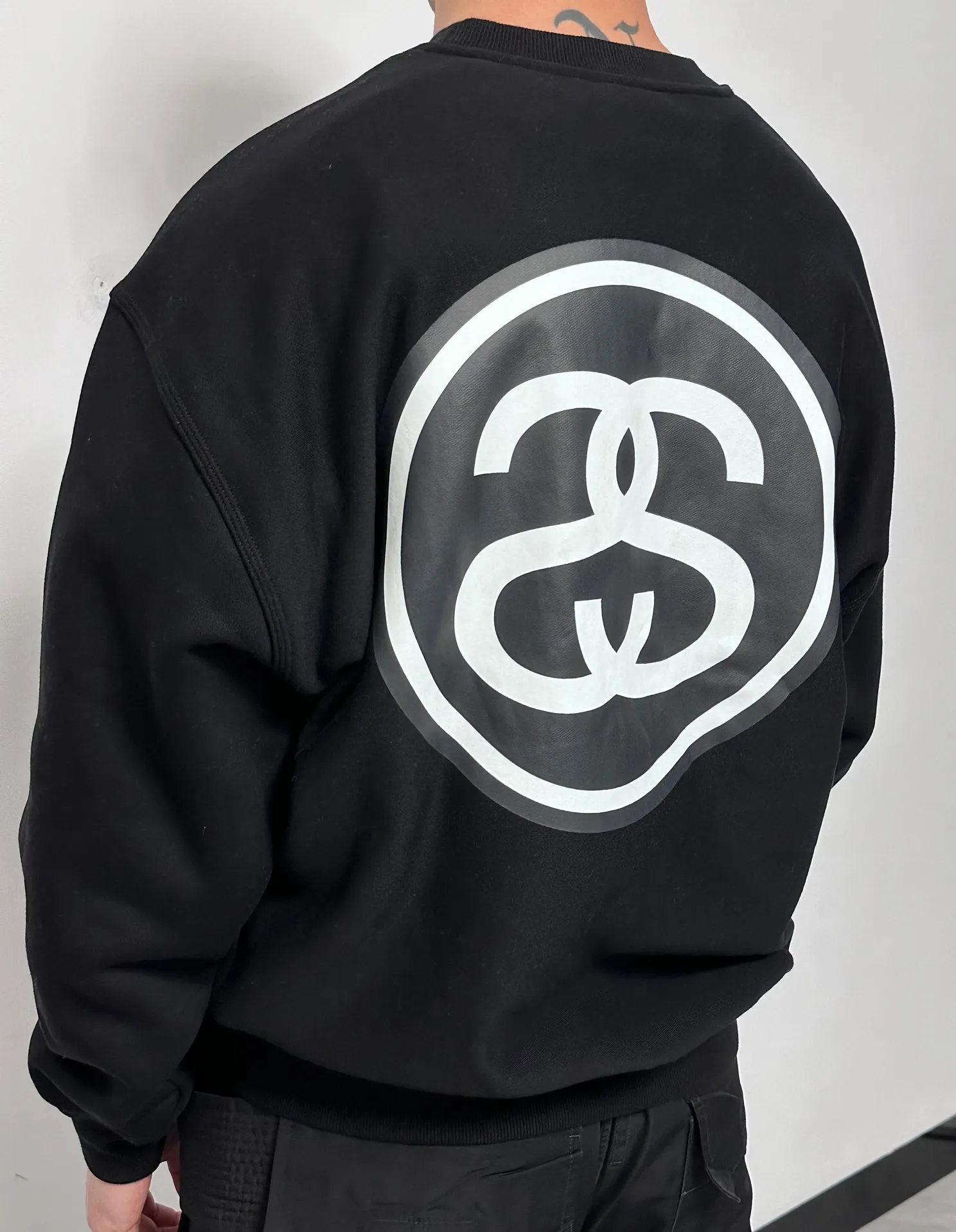 STUSSY 23FW SS-LINK CREW Double S-shaped chain printed pattern round neck sweatshirt, same style for men and women, black light gray S-XL