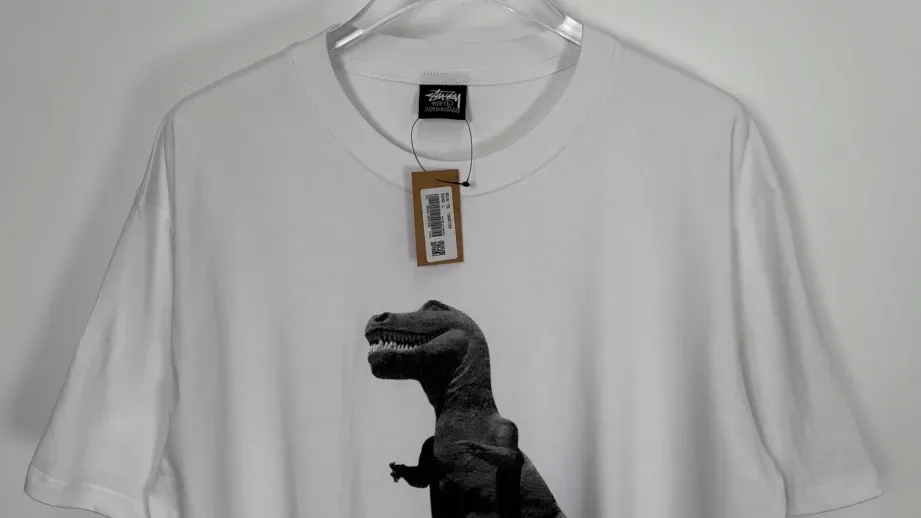 Tyrannosaurus Rex T-shirt STUSSY SS25 BIG & MEATY TEE PIGMENT DYED Dinosaur pattern short-sleeved black and white S- XL