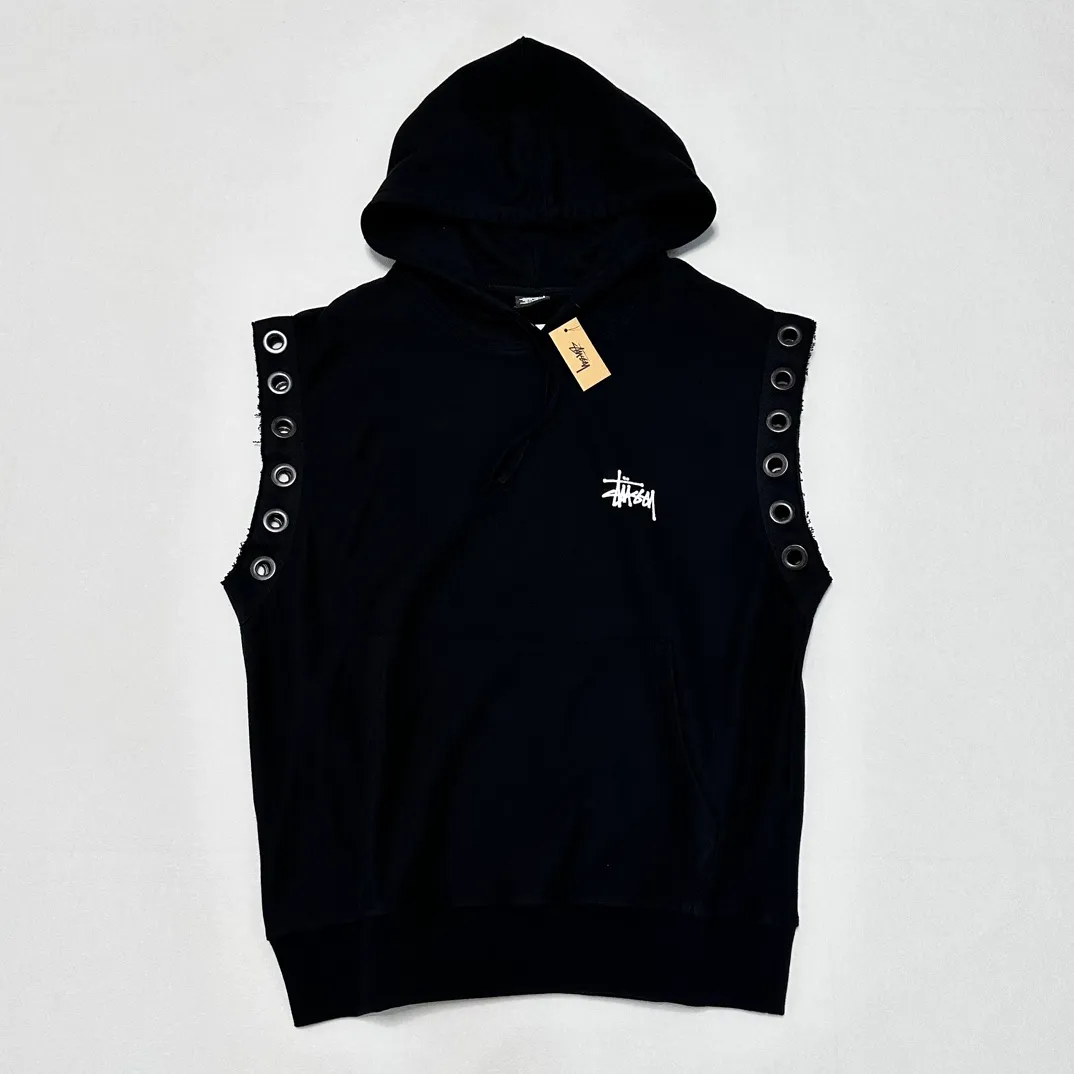 Stussy x JUNYA WATANABE Hooded Vest joint logo eyelet raw edge hooded sweatshirt vest black S-XL