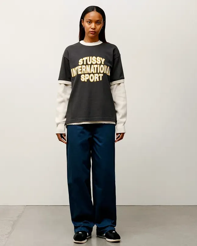 Contrast color collar T-shirt STUSSY SS25 HEAVY JERSEY CREW High weight knitted sports short-sleeved washed black beige S- XL