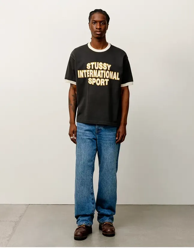 Contrast color collar T-shirt STUSSY SS25 HEAVY JERSEY CREW High weight knitted sports short-sleeved washed black beige S- XL