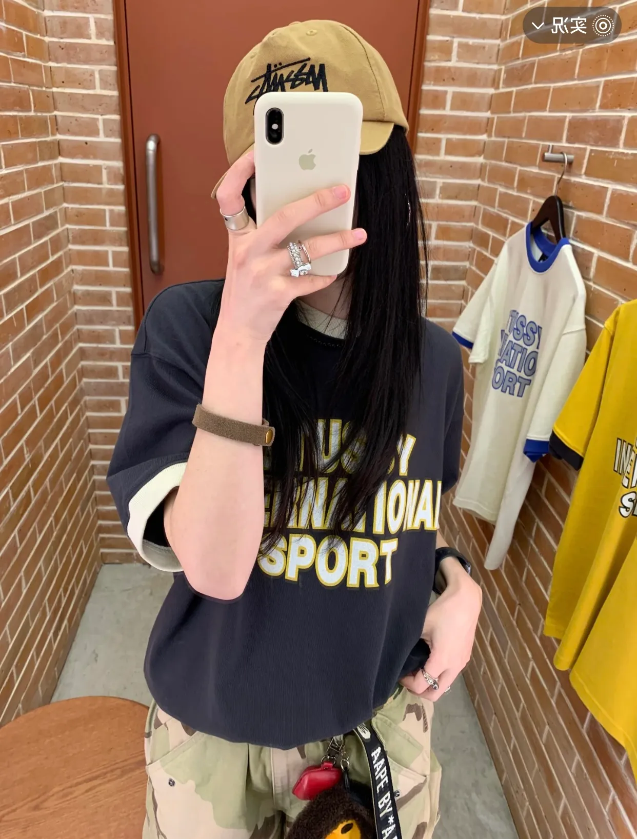 Contrast color collar T-shirt STUSSY SS25 HEAVY JERSEY CREW High weight knitted sports short-sleeved washed black beige S- XL