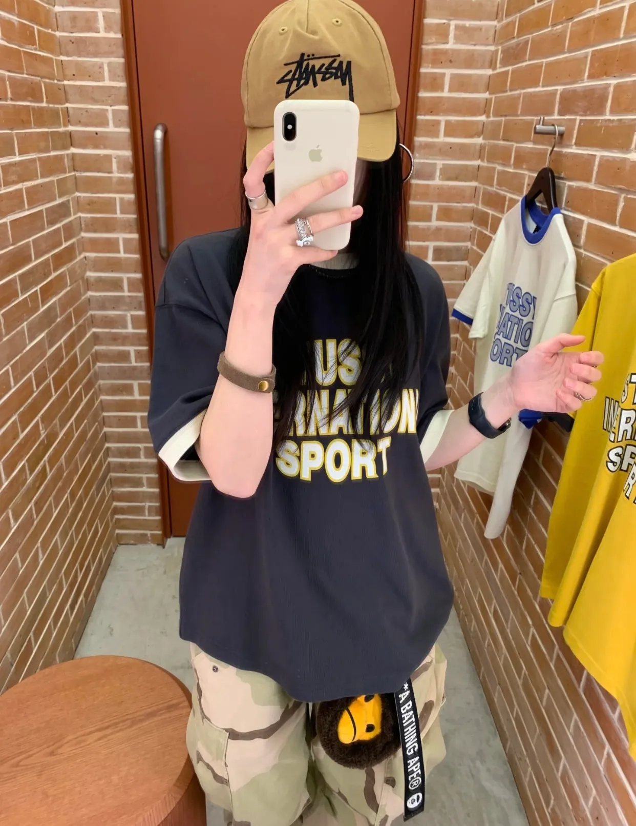 Contrast color collar T-shirt STUSSY SS25 HEAVY JERSEY CREW High weight knitted sports short-sleeved washed black beige S- XL