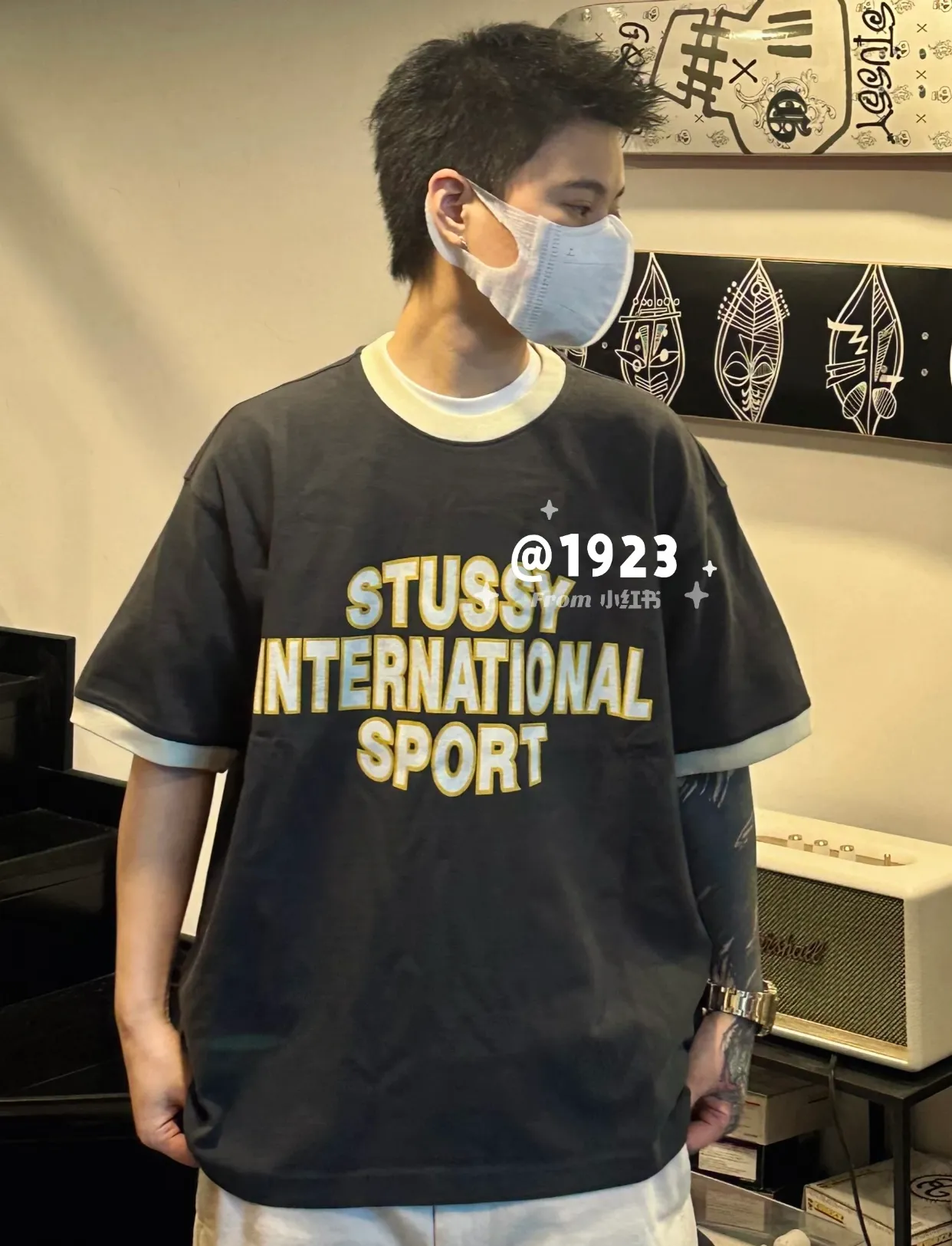 Contrast color collar T-shirt STUSSY SS25 HEAVY JERSEY CREW High weight knitted sports short-sleeved washed black beige S- XL
