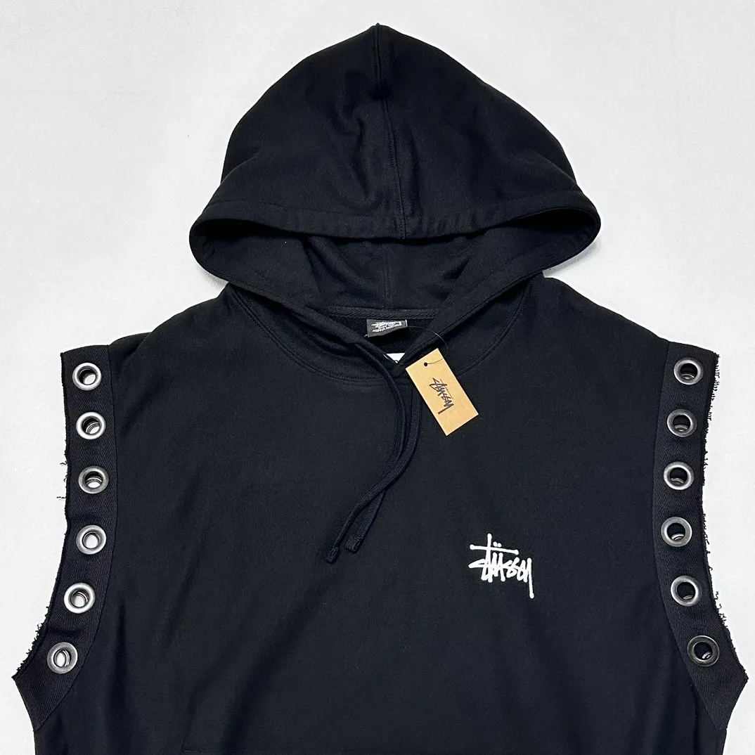 Stussy x JUNYA WATANABE Hooded Vest joint logo eyelet raw edge hooded sweatshirt vest black S-XL