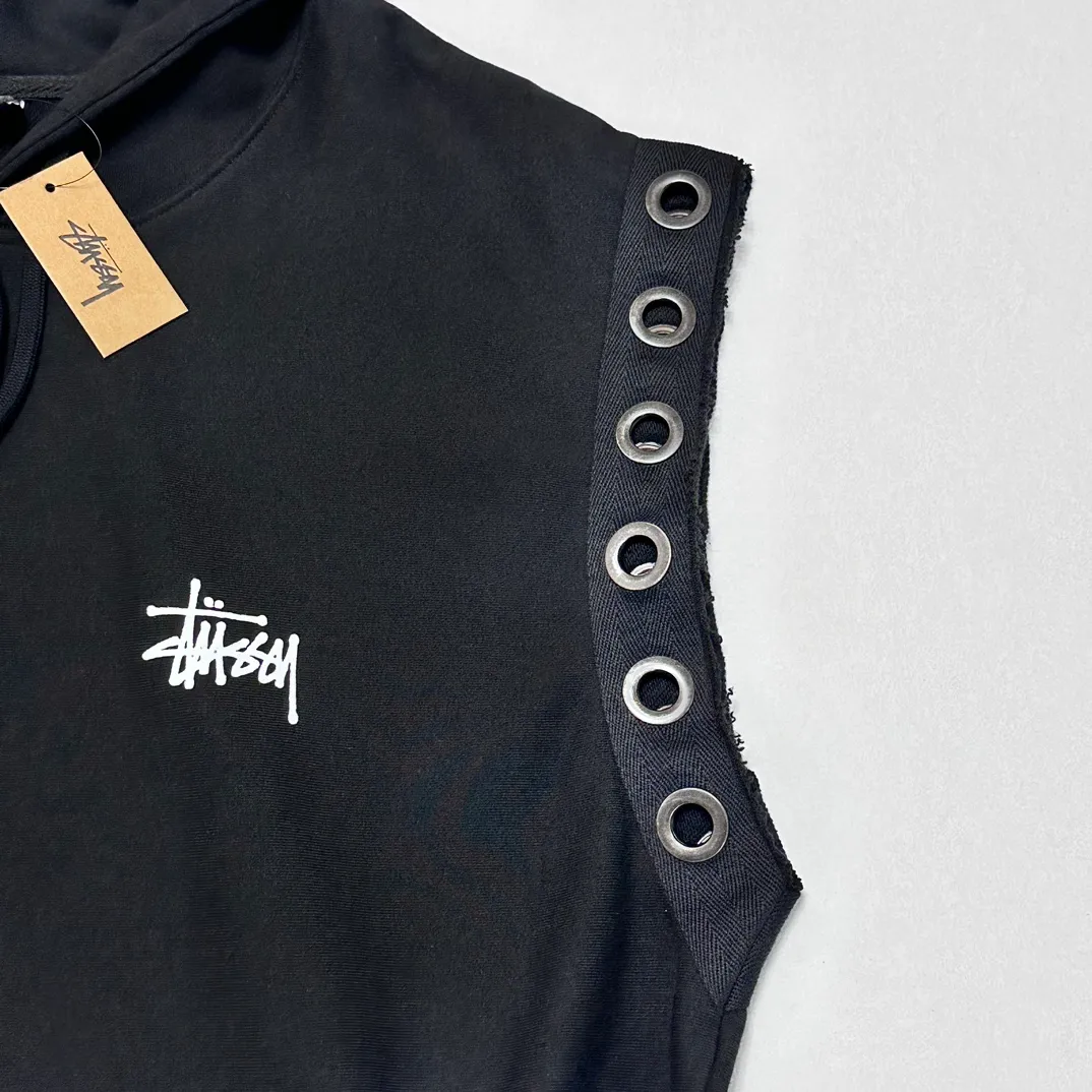 Stussy x JUNYA WATANABE Hooded Vest joint logo eyelet raw edge hooded sweatshirt vest black S-XL