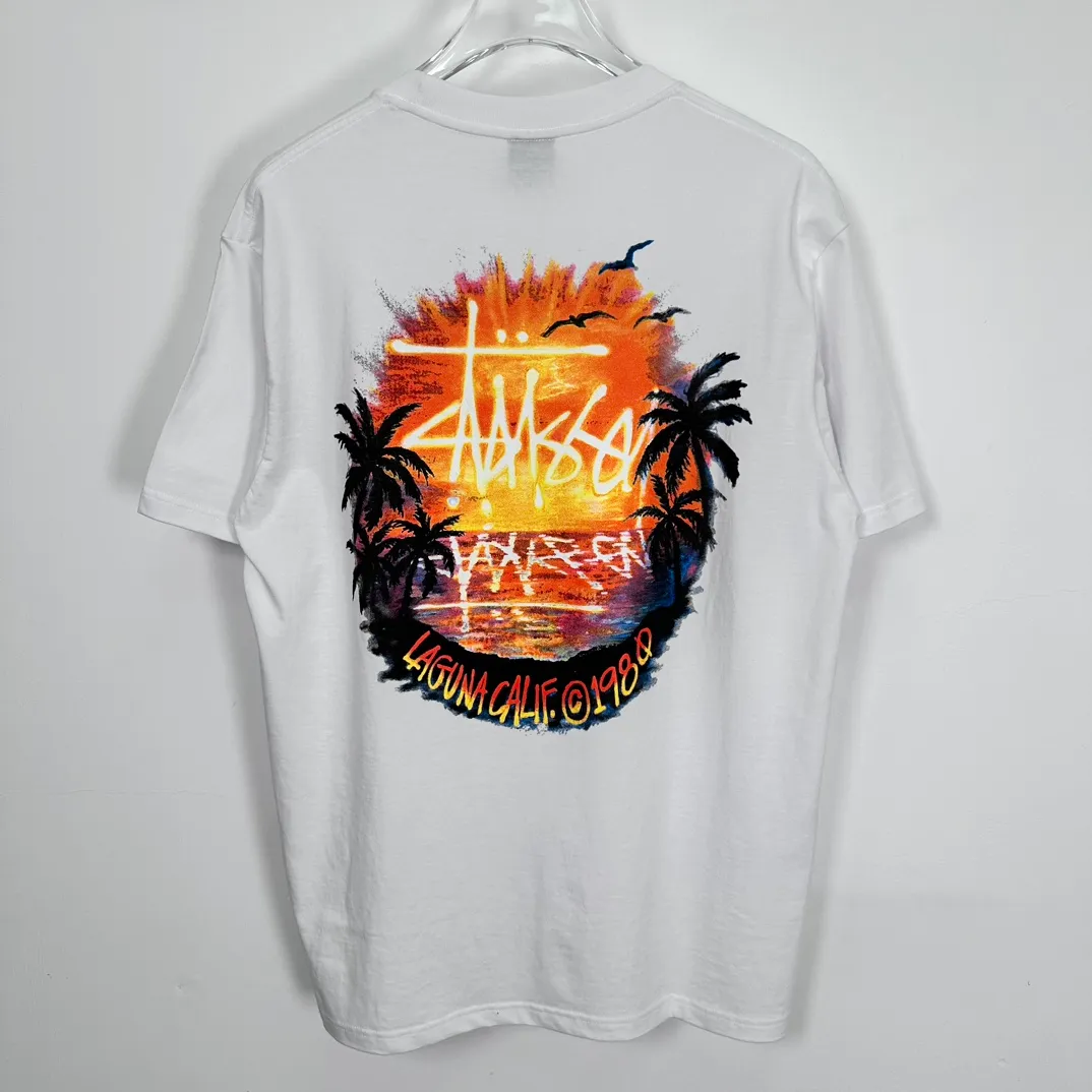 STUSSY SS24 SUNSET TEE Sunset Coconut Beach View T-shirt Black and White S-XL