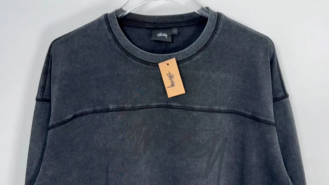 Washed long-sleeved T-shirt STUSSY FW24 FOOTBALL CREW PIGMENT DYED TEE washed black S-XL