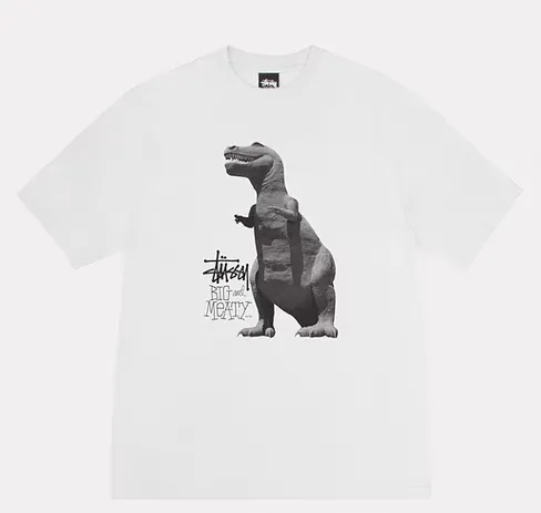 Tyrannosaurus Rex T-shirt STUSSY SS25 BIG & MEATY TEE PIGMENT DYED Dinosaur pattern short-sleeved black and white S- XL
