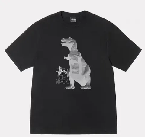 Tyrannosaurus Rex T-shirt STUSSY SS25 BIG & MEATY TEE PIGMENT DYED Dinosaur pattern short-sleeved black and white S- XL