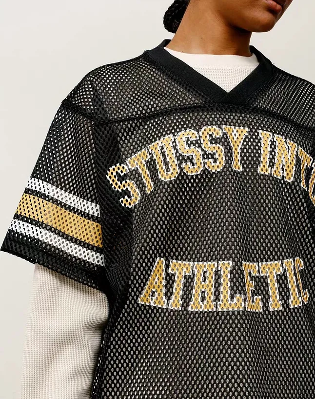 Mesh V-neck T-shirt Stussy SS25 STÜSSY INTERNATIONAL TEAM JERSEY V-neck mesh retro letter short sleeves black and white S-XL