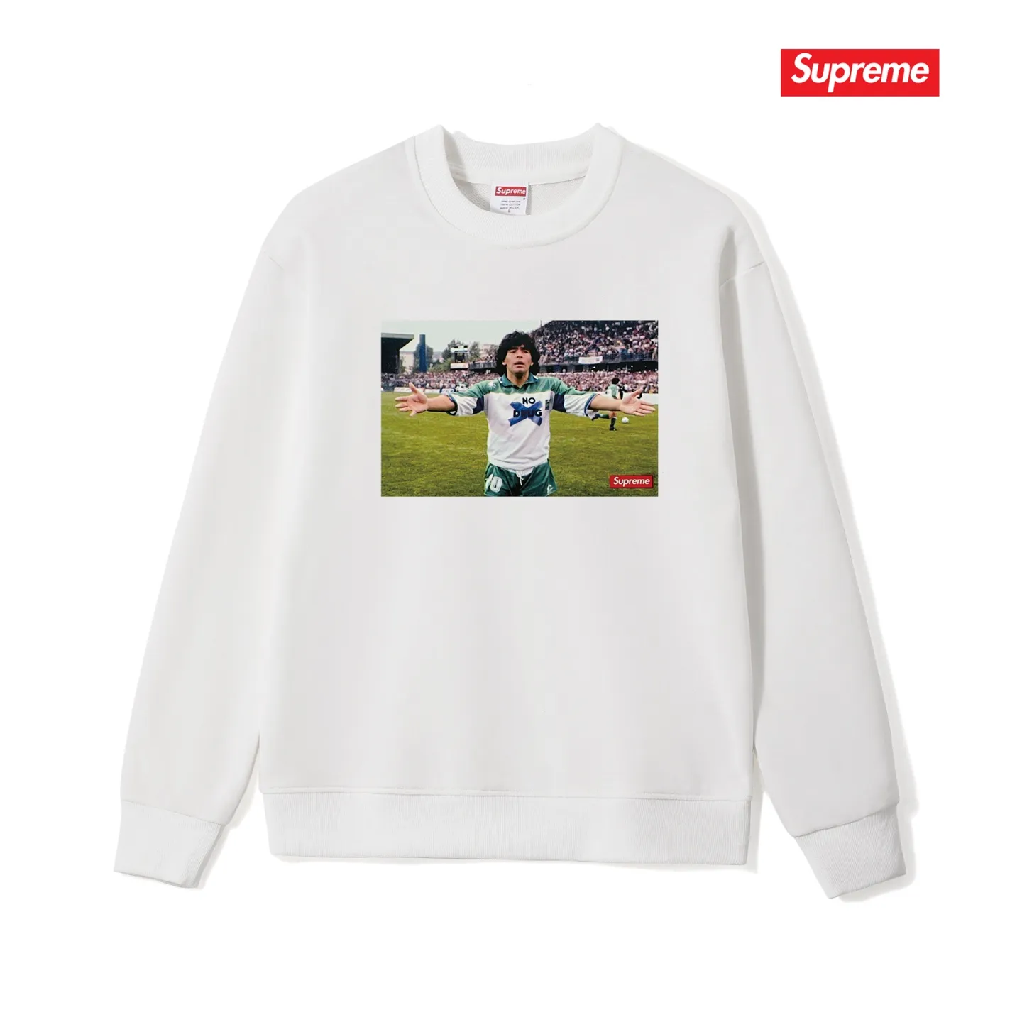 Style No. S1068 #terry p150💰 Velvet 160💰 Supreme SS24 WEEK1 Maradona No Drug character tee round neck sweatshirt Made of 400g large terry (drop shoulder large version) fabric, soft texture and no pilling Imported environmentally friendly printing glue The pattern is bright and three-dimensional Quality 💥 Same style for men and women The upper body is trendy Color: black white gray Size: S M L XL XXL