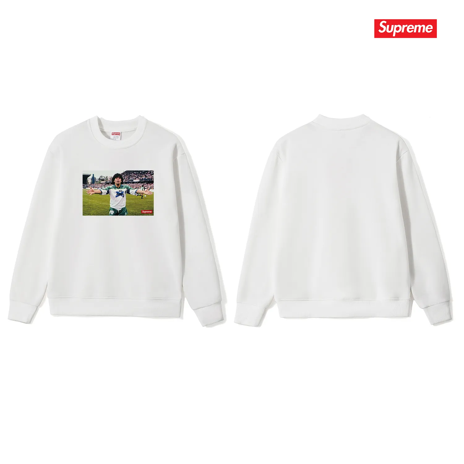 Style No. S1068 #terry p150💰 Velvet 160💰 Supreme SS24 WEEK1 Maradona No Drug character tee round neck sweatshirt Made of 400g large terry (drop shoulder large version) fabric, soft texture and no pilling Imported environmentally friendly printing glue The pattern is bright and three-dimensional Quality 💥 Same style for men and women The upper body is trendy Color: black white gray Size: S M L XL XXL