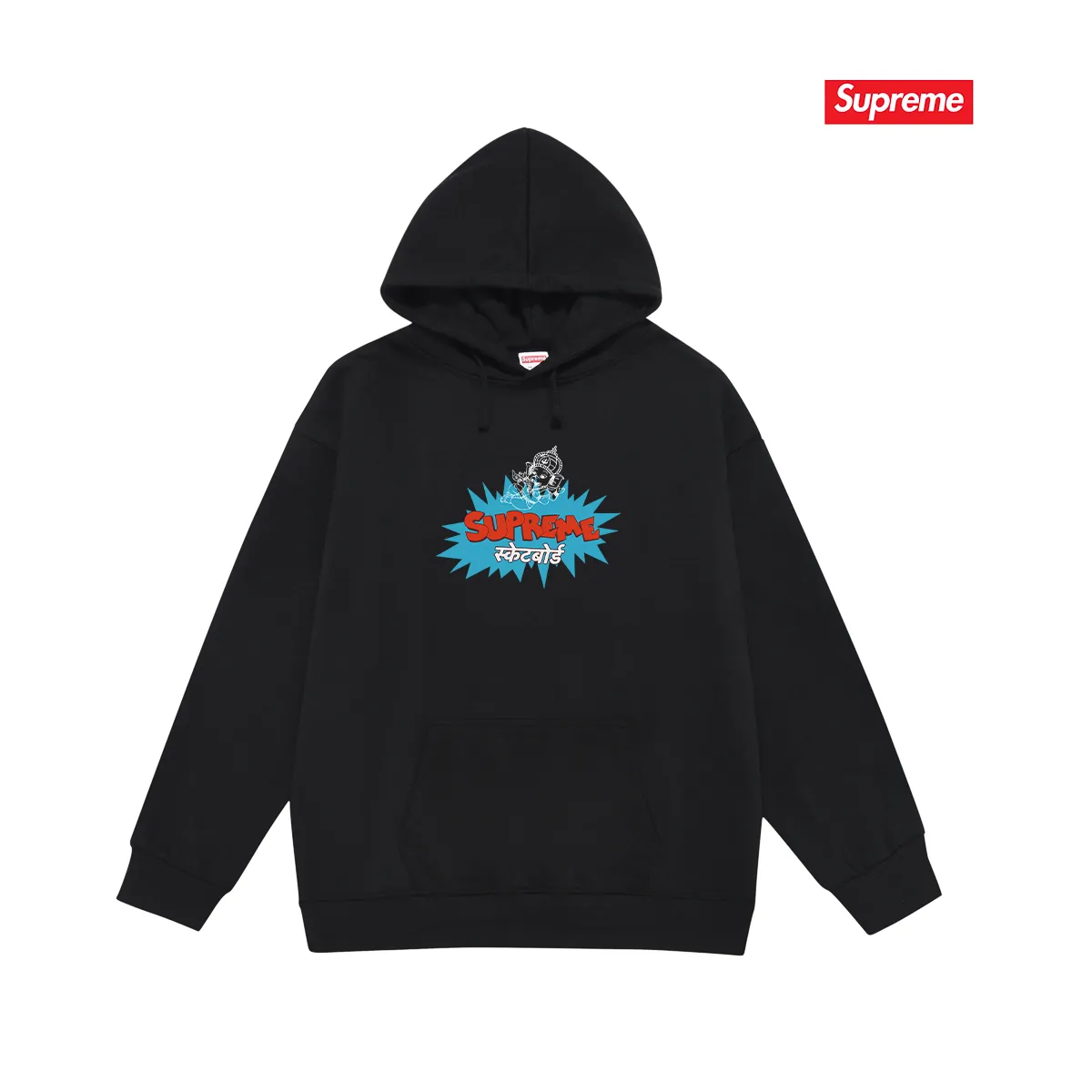 Style No. S2173 #terry P160💰 Velvet P170💰 SUPREME Ganesha explosion LOGO printed hooded sweatshirt Made of 400g large terry 430g silver fox velvet (drop shoulder large version) fabric, soft texture and no pilling Imported environmentally friendly printing glue The pattern is bright and three-dimensional Quality 💥Same style for men and women The upper body is trendy Color: black white gray Size: S M L XL XXL