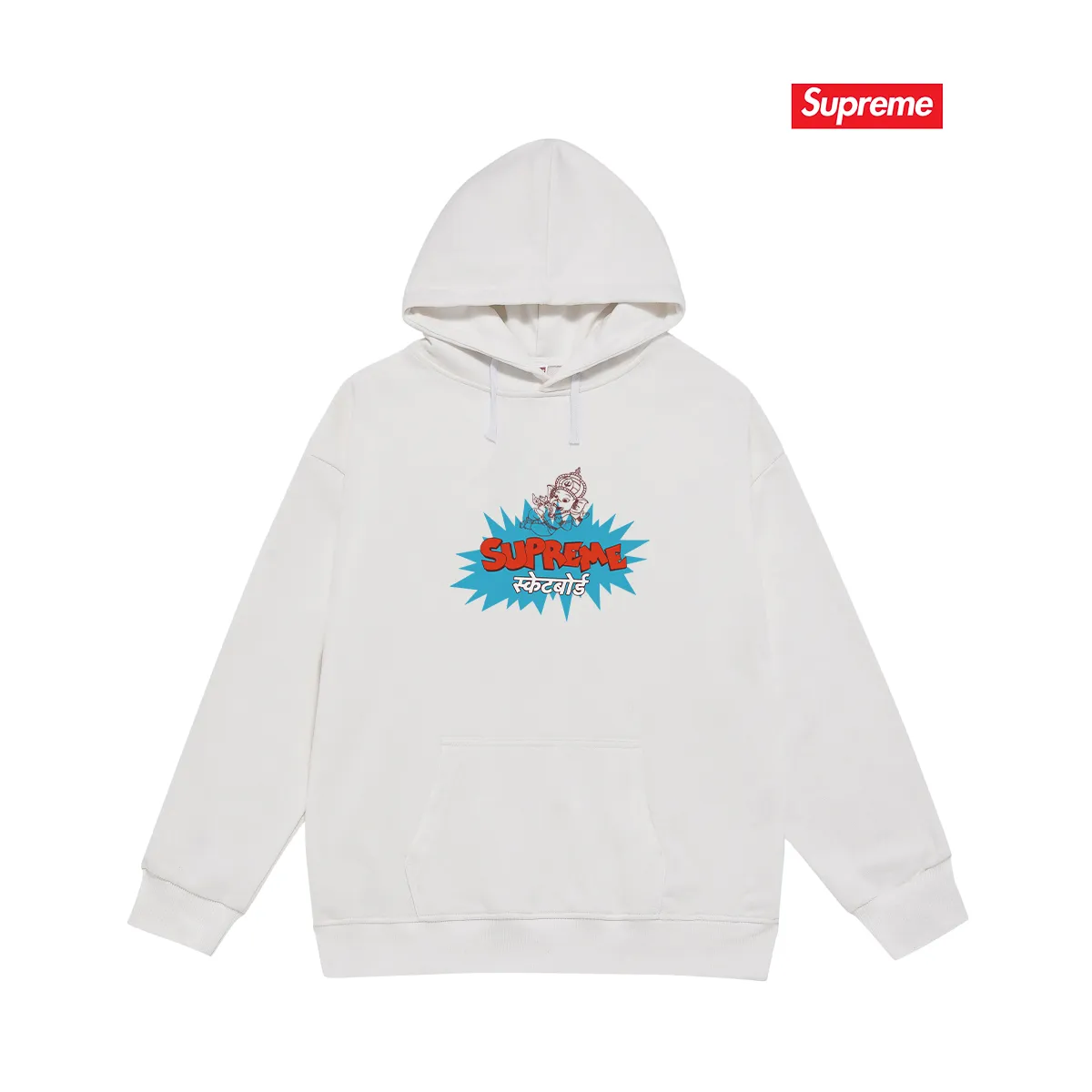 Style No. S2173 #terry P160💰 Velvet P170💰 SUPREME Ganesha explosion LOGO printed hooded sweatshirt Made of 400g large terry 430g silver fox velvet (drop shoulder large version) fabric, soft texture and no pilling Imported environmentally friendly printing glue The pattern is bright and three-dimensional Quality 💥Same style for men and women The upper body is trendy Color: black white gray Size: S M L XL XXL