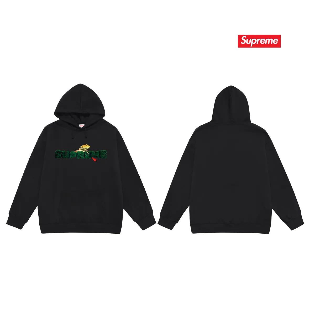 Style No. S2041 #terry P160💰 Velvet P170💰 Supreme Week 18 Lizard Tee Lizard pattern logo print hooded sweatshirt Made of 400g large terry 430g silver fox velvet (drop shoulder large version) fabric, soft texture and no pilling Imported environmentally friendly printing glue The pattern is bright and three-dimensional Quality 💥Same style for men and women The upper body is trendy Color: black white gray Size: S M L XL XXL