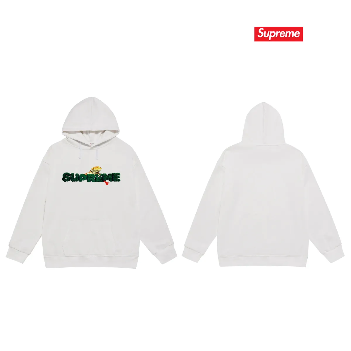 Style No. S2041 #terry P160💰 Velvet P170💰 Supreme Week 18 Lizard Tee Lizard pattern logo print hooded sweatshirt Made of 400g large terry 430g silver fox velvet (drop shoulder large version) fabric, soft texture and no pilling Imported environmentally friendly printing glue The pattern is bright and three-dimensional Quality 💥Same style for men and women The upper body is trendy Color: black white gray Size: S M L XL XXL