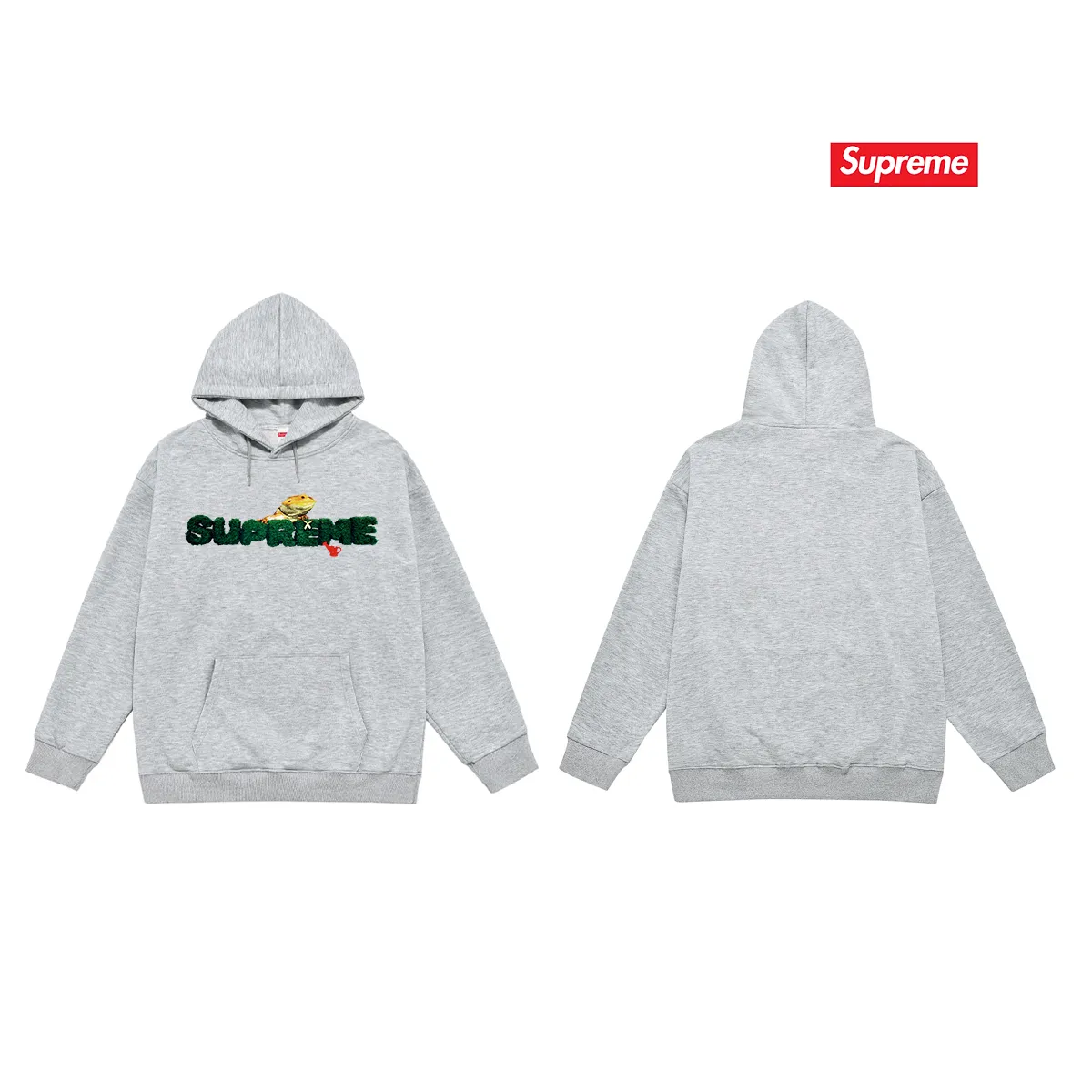 Style No. S2041 #terry P160💰 Velvet P170💰 Supreme Week 18 Lizard Tee Lizard pattern logo print hooded sweatshirt Made of 400g large terry 430g silver fox velvet (drop shoulder large version) fabric, soft texture and no pilling Imported environmentally friendly printing glue The pattern is bright and three-dimensional Quality 💥Same style for men and women The upper body is trendy Color: black white gray Size: S M L XL XXL