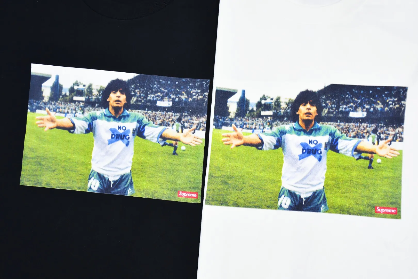 🅿️130 S138 Supreme 24fw Argentinian player Maradona portrait printed commemorative short-sleeved T-shirt. Refuse to look at pictures to make goods. Refuse to compare wrong versions. Use cylinder seamless technology (original technology, there are no stitched bones on the side of the clothes, key points of identification) The fabrics are all custom-woven and dyed, 280g weight, 100% cotton, cylindrical fabric. Cylindrical fabric is a knitted fabric woven with a cylinder loom. The needles are distributed in a cylindrical shape on the fuselage. The gray fabric is a large cylinder, which needs to be opened and shaped before it can be used further. There are no slits on the side of the clothes, so there is no washing label on the side of ordinary short-sleeves. There is only one collar label behind the neck. The printing uses thermosetting ink printing imported from Belgium (different from conventional thermal transfer printing), also known as plastic ink, or self-adhesive ink. Its ingredients are: mainly composed of polyvinyl chloride (PVC) and phthalates. PVC and phthalates, solid color The thermoset ink is composed of a mixture of agents, stabilizers, and thickeners. It is not the digital direct printing advertised on the market. The printing texture of thermoset ink cannot be achieved by digital direct printing. The collar label has a watermark anti-counterfeiting effect, a real anti-counterfeiting layer, a version with a high probability of passing the inspection, and a high probability of passing the original packaging picture. Size：S-XL