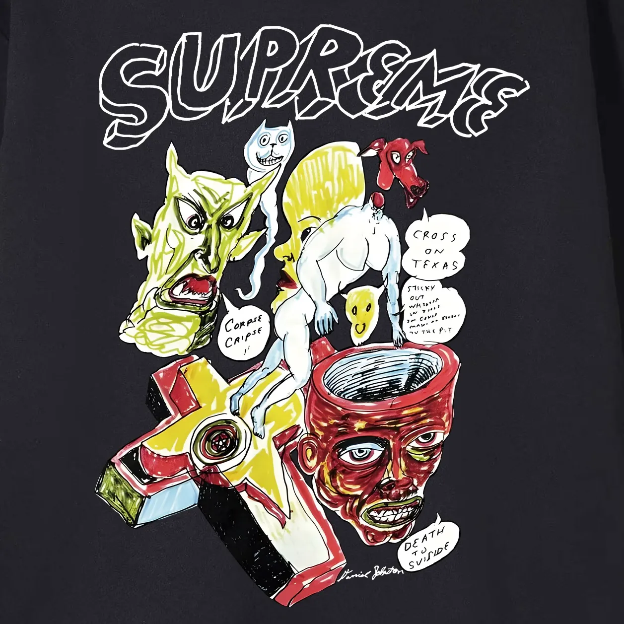Style No. S2089 #terry P160💰 Velvet P170💰 Supreme Week 12 x Daniel Johnston joint model artistic print hooded sweatshirt Made of 400g large terry 430g silver fox velvet (off-shoulder large version) fabric, soft and non-pilling texture, imported environmentally friendly printing glue, bright and three-dimensional pattern, quality 💥same style for men and women, the upper body is trendy Color: black white gray Size: S M L XL XXL