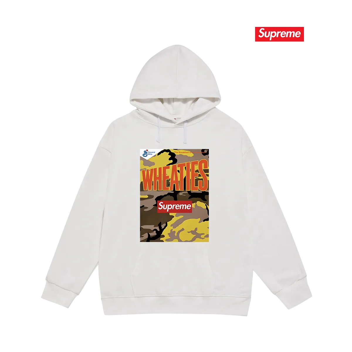 Style No. S2062 #terry P160💰 Velvet P170💰 Supreme SS21 Week6 x Wheaties Tee cereal hooded sweatshirt Made of 400g large terry 430g silver fox velvet (off-shoulder large version) fabric, soft texture and no pilling Imported environmentally friendly printing glue The pattern is bright and three-dimensional Quality 💥Same style for men and women The upper body is trendy Color: black white gray Size: S M L XL XXL