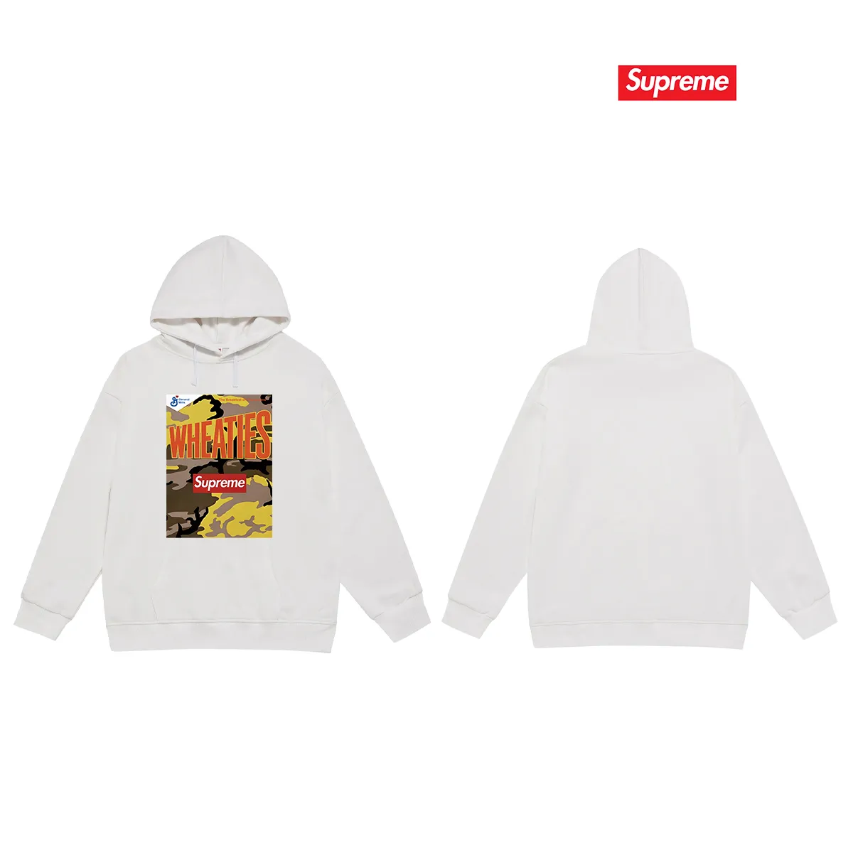 Style No. S2062 #terry P160💰 Velvet P170💰 Supreme SS21 Week6 x Wheaties Tee cereal hooded sweatshirt Made of 400g large terry 430g silver fox velvet (off-shoulder large version) fabric, soft texture and no pilling Imported environmentally friendly printing glue The pattern is bright and three-dimensional Quality 💥Same style for men and women The upper body is trendy Color: black white gray Size: S M L XL XXL