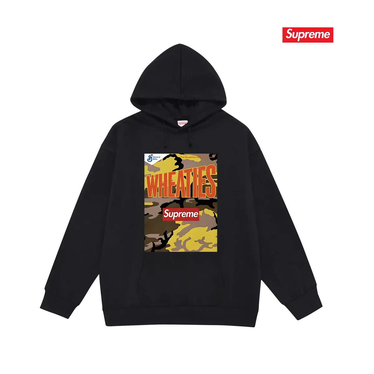 Style No. S2062 #terry P160💰 Velvet P170💰 Supreme SS21 Week6 x Wheaties Tee cereal hooded sweatshirt Made of 400g large terry 430g silver fox velvet (off-shoulder large version) fabric, soft texture and no pilling Imported environmentally friendly printing glue The pattern is bright and three-dimensional Quality 💥Same style for men and women The upper body is trendy Color: black white gray Size: S M L XL XXL