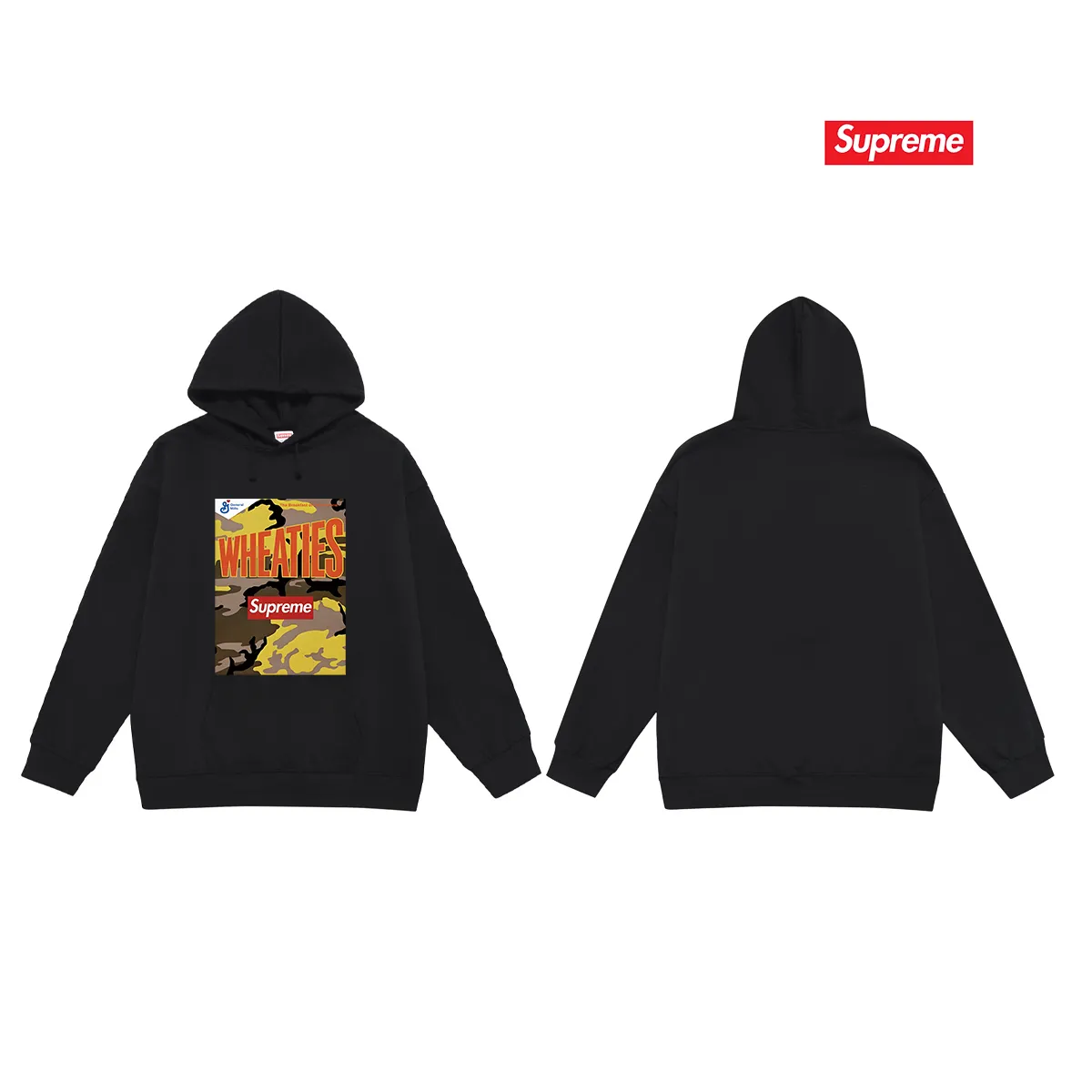 Style No. S2062 #terry P160💰 Velvet P170💰 Supreme SS21 Week6 x Wheaties Tee cereal hooded sweatshirt Made of 400g large terry 430g silver fox velvet (off-shoulder large version) fabric, soft texture and no pilling Imported environmentally friendly printing glue The pattern is bright and three-dimensional Quality 💥Same style for men and women The upper body is trendy Color: black white gray Size: S M L XL XXL
