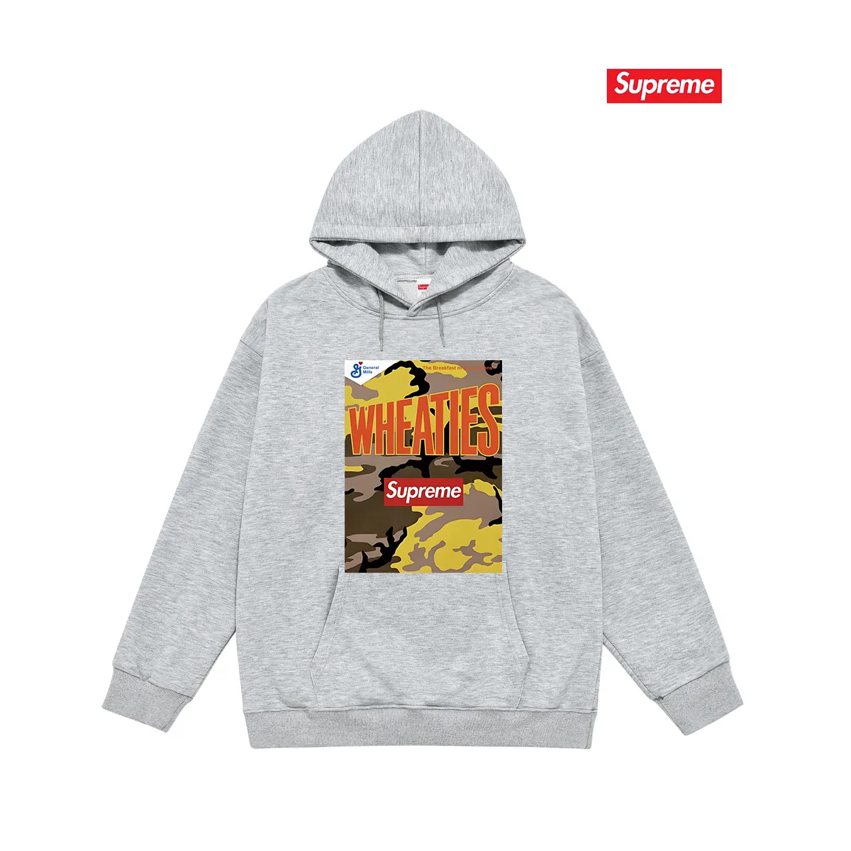 Style No. S2062 #terry P160💰 Velvet P170💰 Supreme SS21 Week6 x Wheaties Tee cereal hooded sweatshirt Made of 400g large terry 430g silver fox velvet (off-shoulder large version) fabric, soft texture and no pilling Imported environmentally friendly printing glue The pattern is bright and three-dimensional Quality 💥Same style for men and women The upper body is trendy Color: black white gray Size: S M L XL XXL