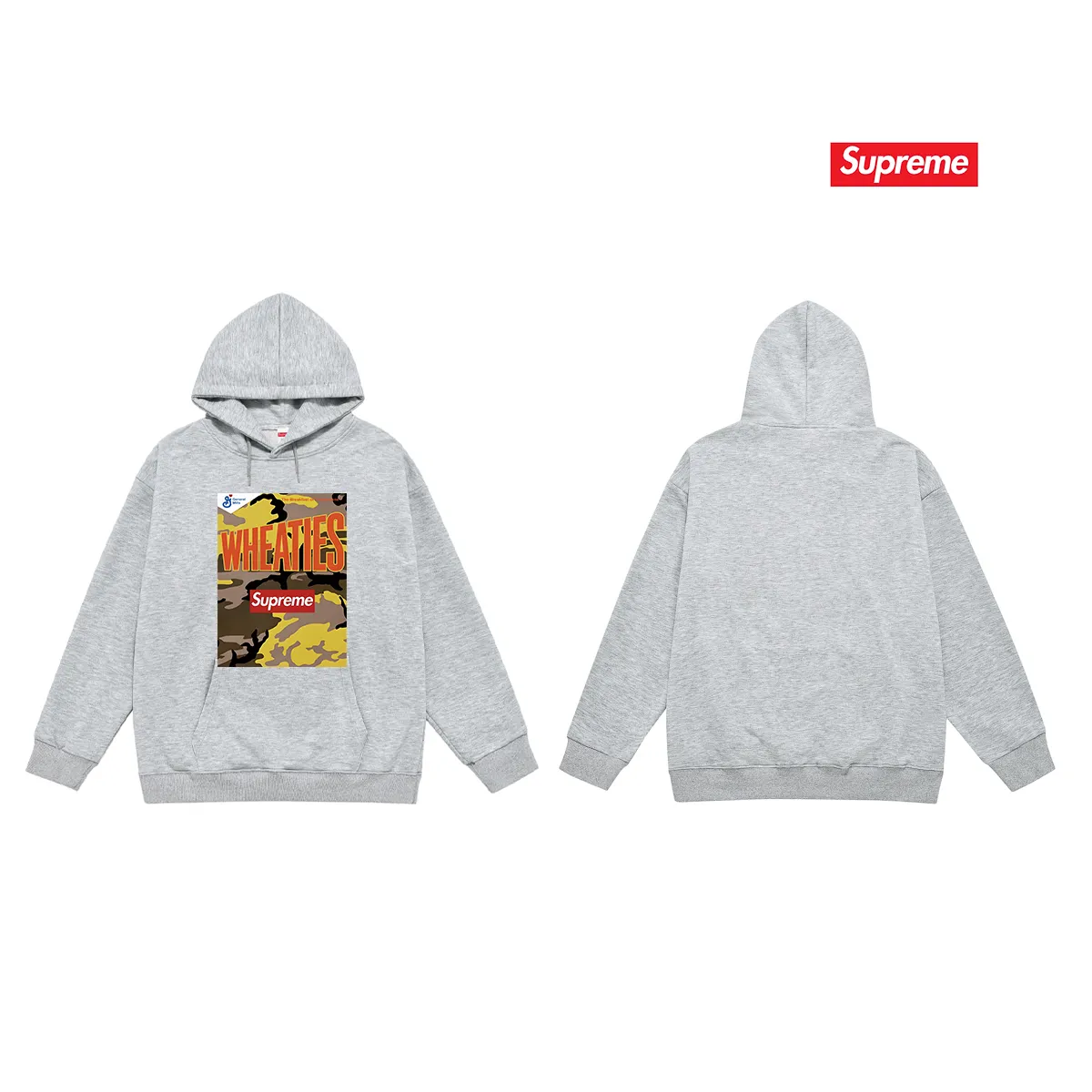 Style No. S2062 #terry P160💰 Velvet P170💰 Supreme SS21 Week6 x Wheaties Tee cereal hooded sweatshirt Made of 400g large terry 430g silver fox velvet (off-shoulder large version) fabric, soft texture and no pilling Imported environmentally friendly printing glue The pattern is bright and three-dimensional Quality 💥Same style for men and women The upper body is trendy Color: black white gray Size: S M L XL XXL