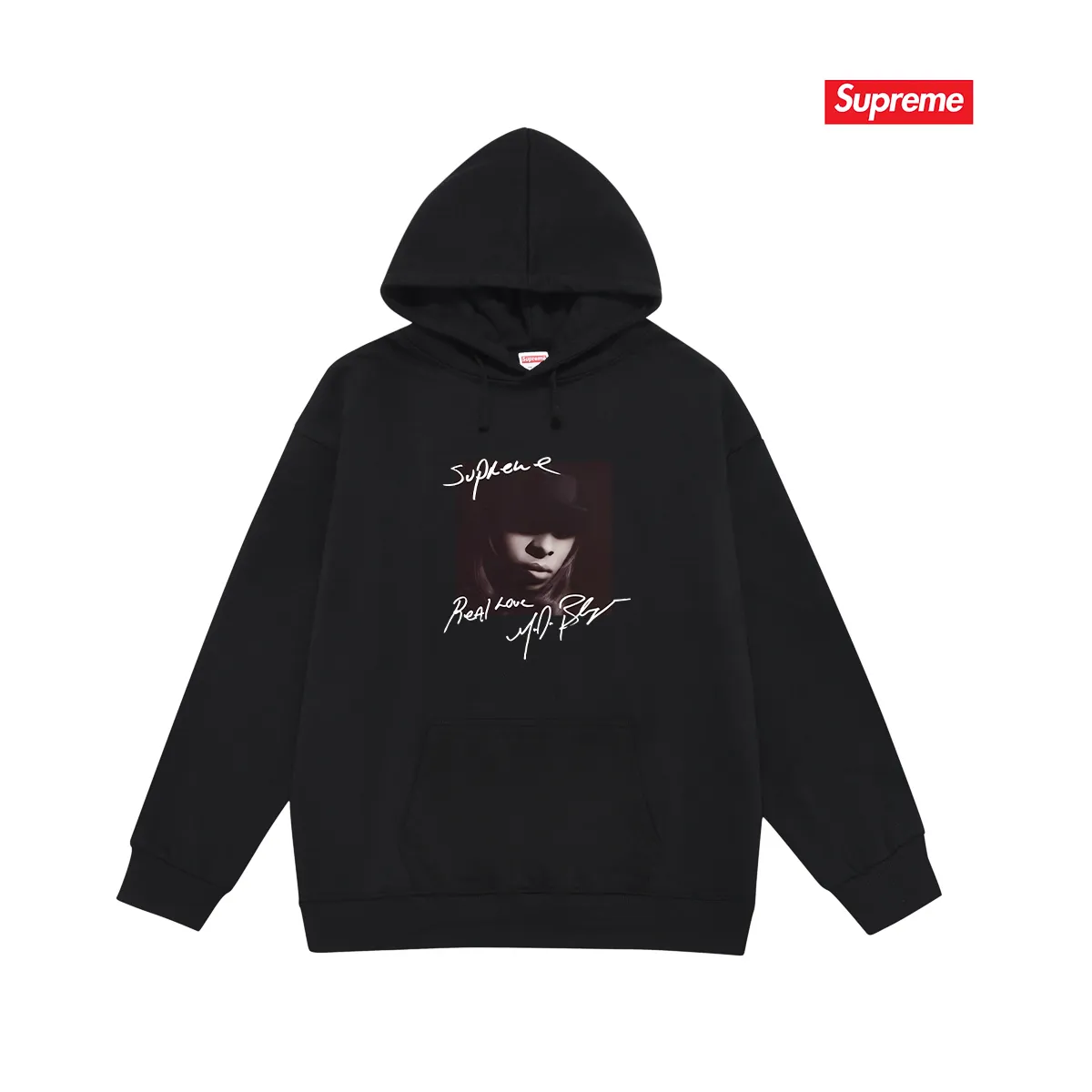 Style No. S2201 #terry P160💰 Velvet P170💰 Supreme FW19 Week 1 Mary J. Blige hooded sweatshirt Made of 400g large terry 430g silver fox velvet (drop shoulder large version) fabric, soft texture and no pilling Imported environmentally friendly printing glue The pattern is bright and three-dimensional Quality 💥Same style for men and women The upper body is trendy Color: black white gray Size: S M L XL XXL