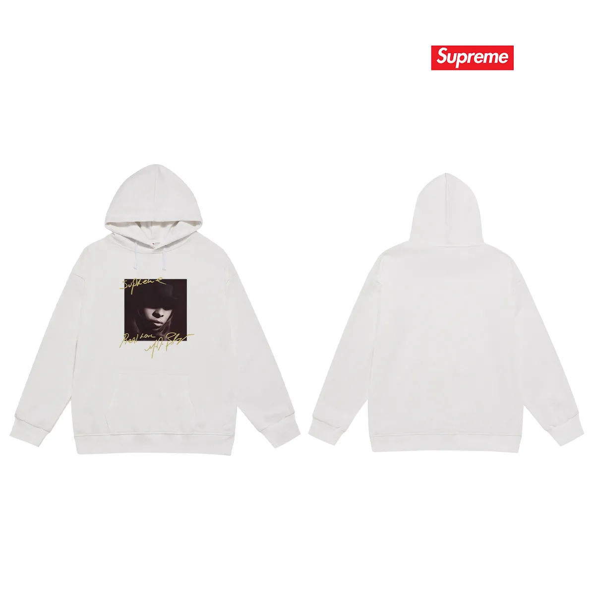 Style No. S2201 #terry P160💰 Velvet P170💰 Supreme FW19 Week 1 Mary J. Blige hooded sweatshirt Made of 400g large terry 430g silver fox velvet (drop shoulder large version) fabric, soft texture and no pilling Imported environmentally friendly printing glue The pattern is bright and three-dimensional Quality 💥Same style for men and women The upper body is trendy Color: black white gray Size: S M L XL XXL