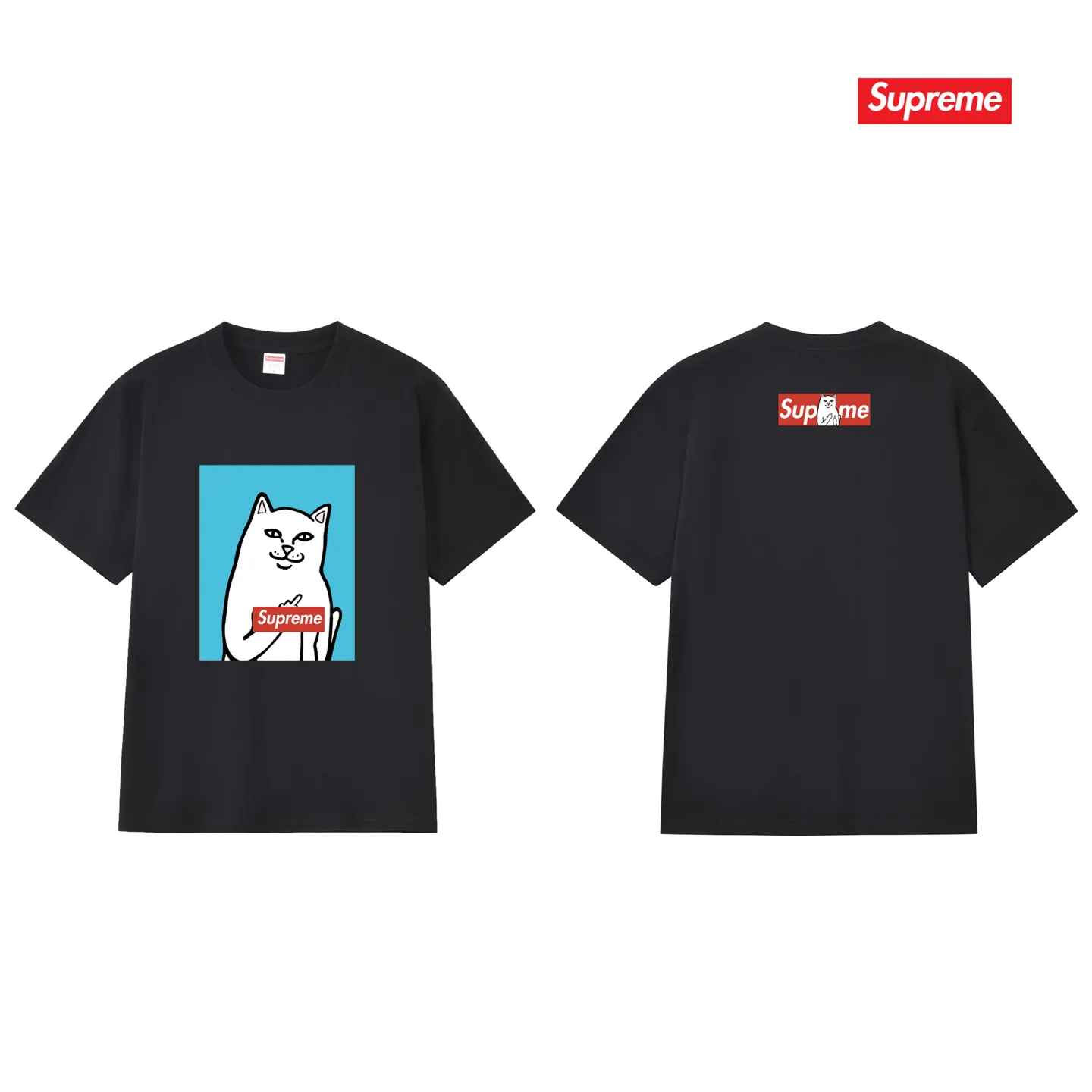 S232 P110💰 Sup Spoof Little Kitty Middle Finger Fashion Brand T-shirt Half Sleeve Men's and Women's Pure Cotton Round Neck Short Sleeve Loose Fit Made of 260g combed cotton double yarn All three standards from fabrics to accessories are in compliance with ZP Imported Matsui Company slurry printing will never crack The whole piece adopts three-needle five-thread technology (neckline-shoulder seam-sleeve seam double line, looks more three-dimensional and textured) The same process as the original version, classic version Feel free to compare zp. The whole piece adopts three-needle five-thread craftsmanship (neckline-shoulder seam-sleeve seam double thread, which looks more three-dimensional and textured). It has the same craftsmanship as the original original, classic version. Color: black, white, light gray, pink, navy. Size: S M L XL XXL