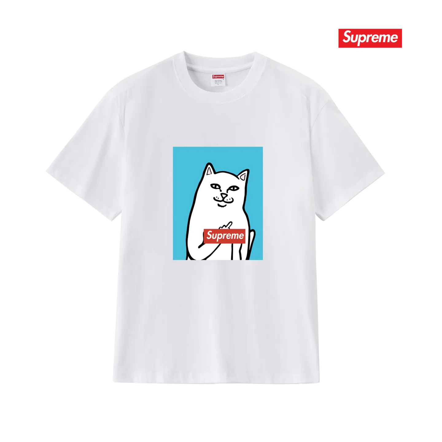 S232 P110💰 Sup Spoof Little Kitty Middle Finger Fashion Brand T-shirt Half Sleeve Men's and Women's Pure Cotton Round Neck Short Sleeve Loose Fit Made of 260g combed cotton double yarn All three standards from fabrics to accessories are in compliance with ZP Imported Matsui Company slurry printing will never crack The whole piece adopts three-needle five-thread technology (neckline-shoulder seam-sleeve seam double line, looks more three-dimensional and textured) The same process as the original version, classic version Feel free to compare zp. The whole piece adopts three-needle five-thread craftsmanship (neckline-shoulder seam-sleeve seam double thread, which looks more three-dimensional and textured). It has the same craftsmanship as the original original, classic version. Color: black, white, light gray, pink, navy. Size: S M L XL XXL