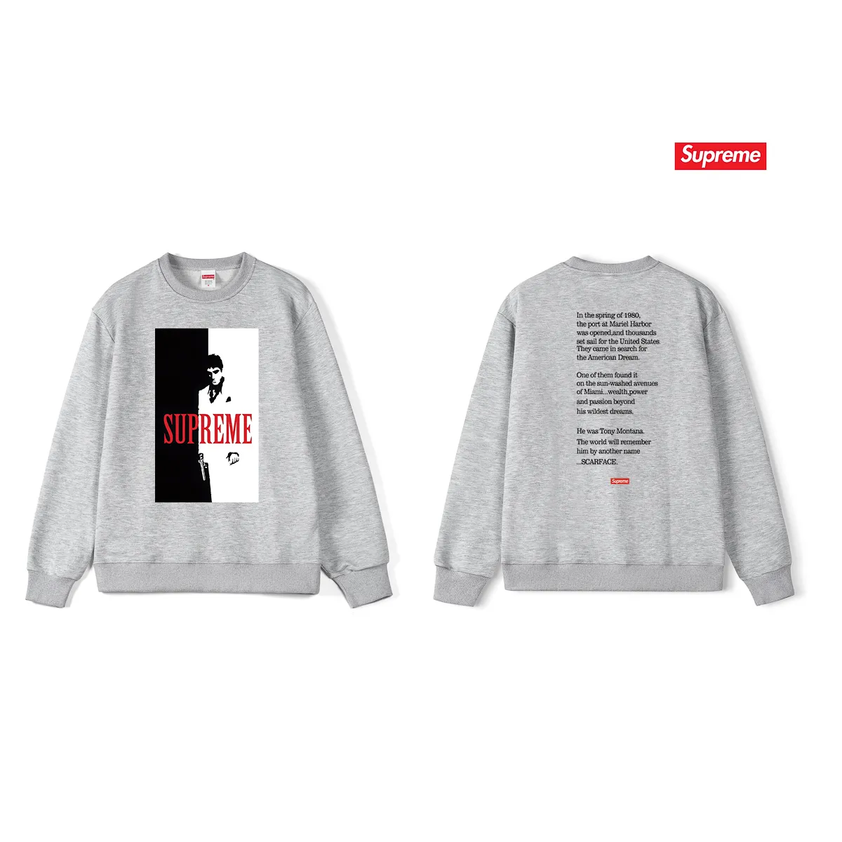 Style No. S1159 #terry p150💰 plus velvet 160💰 street sp scarface scarface movie poster character limited round neck sweatshirt Made of 400 grams of large terry (drop shoulder large version) fabric, soft and non-pilling texture, imported environmentally friendly printing glue, bright and three-dimensional pattern, quality 💥unisex style, top body is fashionable Color: black white gray Size: S M L XL XXL
