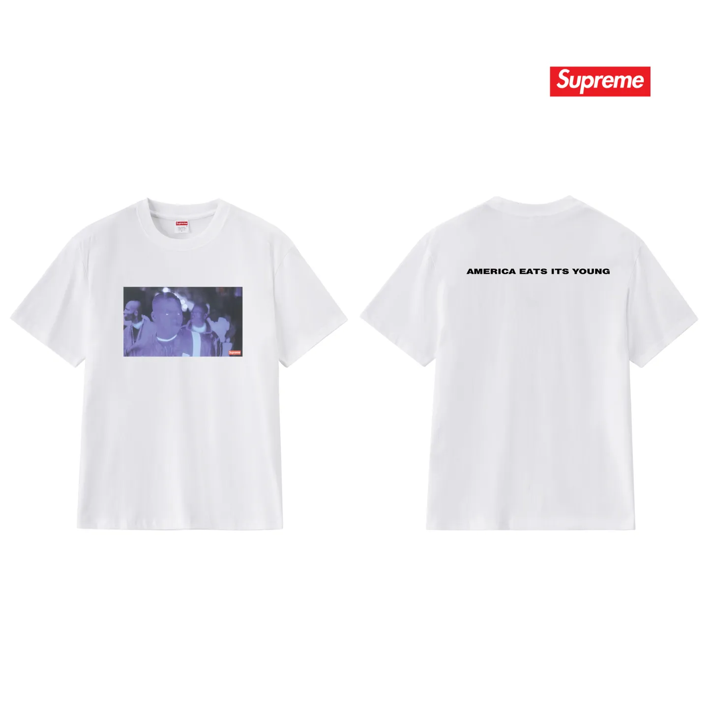 S246 P110💰 Supreme Week 7 America Eats Its Young Tee Printed round neck short-sleeved American trendy T-shirt. Same style for men and women. Loose fit. Made of 260g combed cotton double yarn. All three standards are complete from fabrics to accessories. ZP. Imported Matsui Company slurry printing will never crack. The whole piece adopts three-needle five-thread technology. The neckline-shoulder seam-sleeve seam is double-lined, which looks more three-dimensional and textured.) The same process as the original version, classic version Feel free to compare zp. The whole piece adopts three-needle five-thread craftsmanship (neckline-shoulder seam-sleeve seam double thread, which looks more three-dimensional and textured). It has the same craftsmanship as the original original, classic version. Color: black, white, light gray, pink, navy. Size: S M L XL XXL