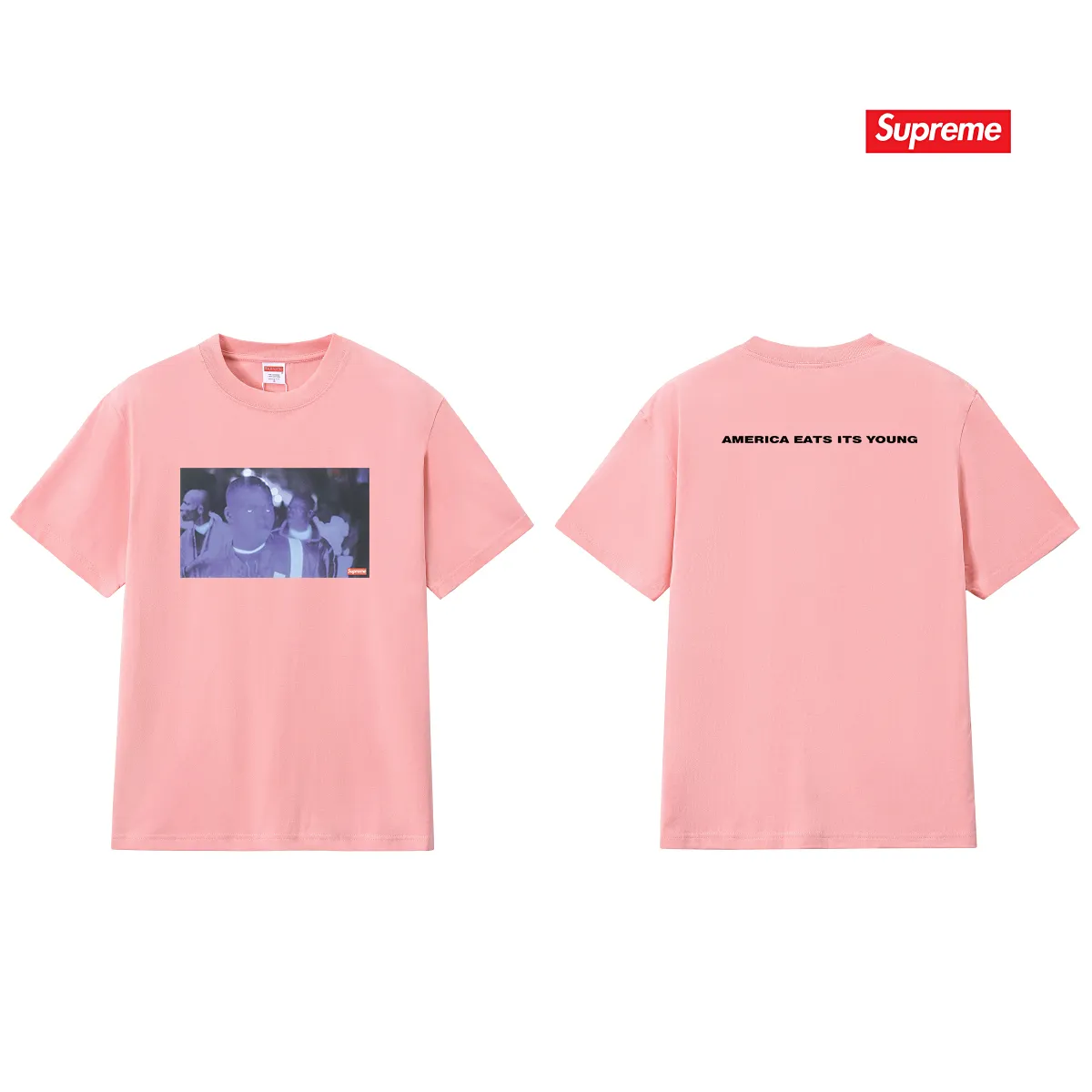 S246 P110💰 Supreme Week 7 America Eats Its Young Tee Printed round neck short-sleeved American trendy T-shirt. Same style for men and women. Loose fit. Made of 260g combed cotton double yarn. All three standards are complete from fabrics to accessories. ZP. Imported Matsui Company slurry printing will never crack. The whole piece adopts three-needle five-thread technology. The neckline-shoulder seam-sleeve seam is double-lined, which looks more three-dimensional and textured.) The same process as the original version, classic version Feel free to compare zp. The whole piece adopts three-needle five-thread craftsmanship (neckline-shoulder seam-sleeve seam double thread, which looks more three-dimensional and textured). It has the same craftsmanship as the original original, classic version. Color: black, white, light gray, pink, navy. Size: S M L XL XXL