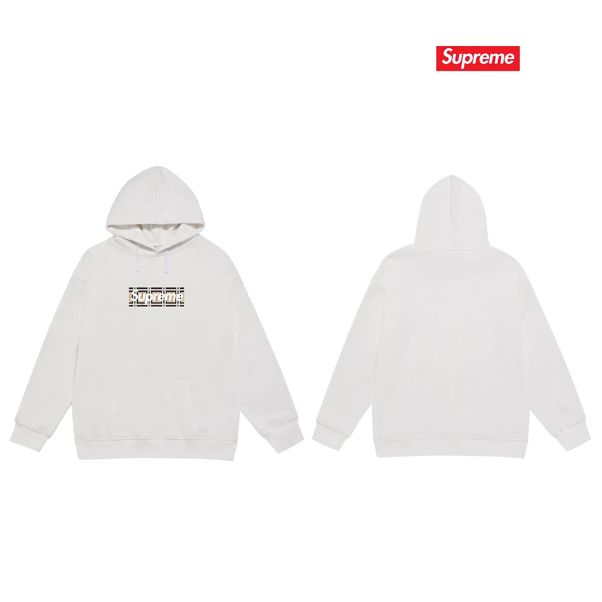 Style number S2021 #terry P160💰 Velvet P170💰 Supreme SS22 Week 3 x Burberry joint Box Logo Tee logo printed hooded sweatshirt Made of 400g large terry 430g silver fox velvet (drop shoulder large version) fabric, soft texture and no pilling Imported environmentally friendly printing glue The pattern is bright and three-dimensional Quality 💥Same style for men and women The upper body is trendy Color: black White Gray Size: S M L XL XXL