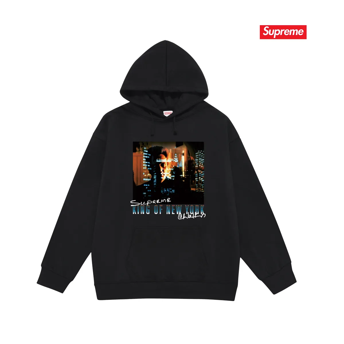 Style No. S2113 #terry P160💰 Velvet P170💰 Supreme SS19 Christopher Walken King Of NewYorkTee Navy New York King of New York printed hooded sweatshirt Made of 400g large terry 430g silver fox velvet (off-shoulder large version) fabric. The texture is soft and non-pilling. Imported environmentally friendly printing glue. The pattern is bright and three-dimensional. Quality💥Same style for men and women. The upper body is trendy. Color: black white Gray Size: S M L XL XXL