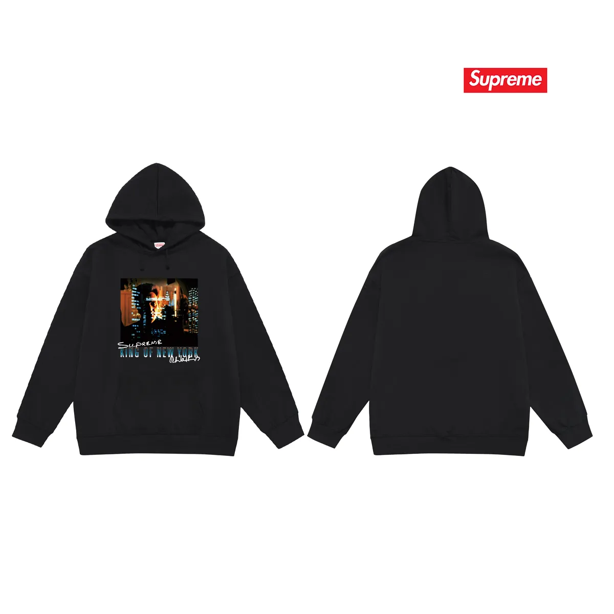 Style No. S2113 #terry P160💰 Velvet P170💰 Supreme SS19 Christopher Walken King Of NewYorkTee Navy New York King of New York printed hooded sweatshirt Made of 400g large terry 430g silver fox velvet (off-shoulder large version) fabric. The texture is soft and non-pilling. Imported environmentally friendly printing glue. The pattern is bright and three-dimensional. Quality💥Same style for men and women. The upper body is trendy. Color: black white Gray Size: S M L XL XXL