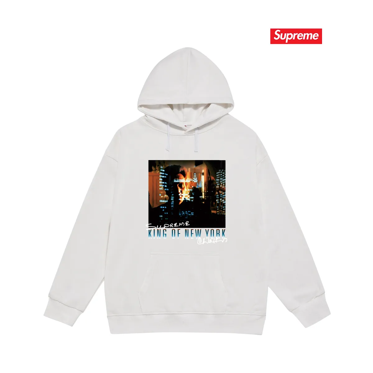 Style No. S2113 #terry P160💰 Velvet P170💰 Supreme SS19 Christopher Walken King Of NewYorkTee Navy New York King of New York printed hooded sweatshirt Made of 400g large terry 430g silver fox velvet (off-shoulder large version) fabric. The texture is soft and non-pilling. Imported environmentally friendly printing glue. The pattern is bright and three-dimensional. Quality💥Same style for men and women. The upper body is trendy. Color: black white Gray Size: S M L XL XXL