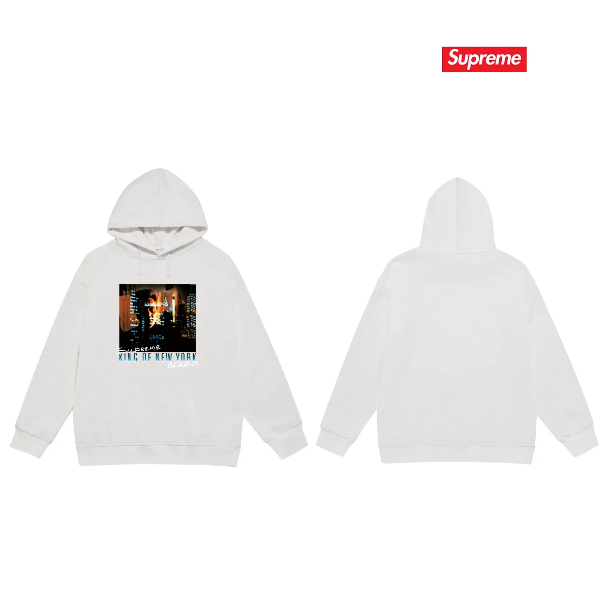 Style No. S2113 #terry P160💰 Velvet P170💰 Supreme SS19 Christopher Walken King Of NewYorkTee Navy New York King of New York printed hooded sweatshirt Made of 400g large terry 430g silver fox velvet (off-shoulder large version) fabric. The texture is soft and non-pilling. Imported environmentally friendly printing glue. The pattern is bright and three-dimensional. Quality💥Same style for men and women. The upper body is trendy. Color: black white Gray Size: S M L XL XXL
