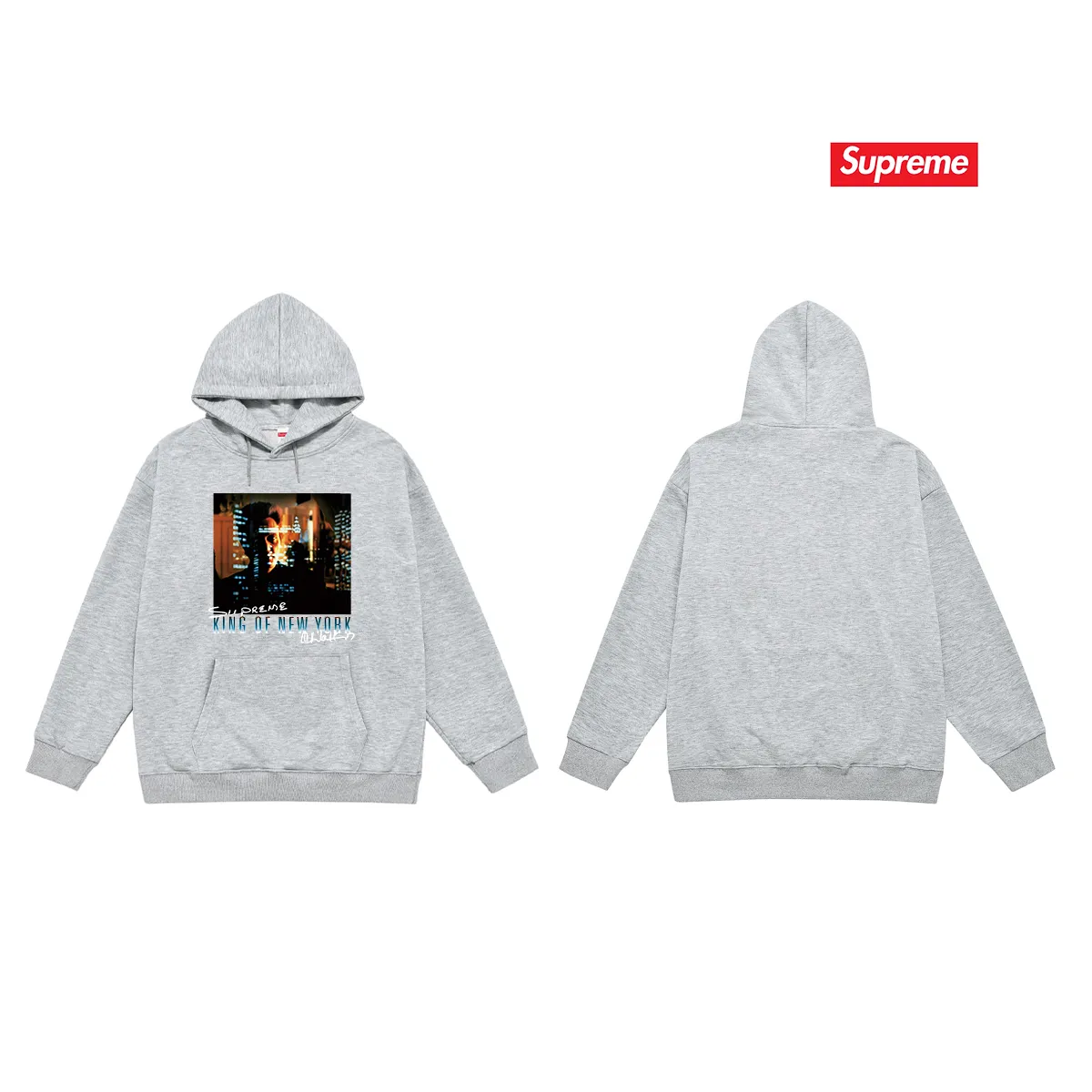Style No. S2113 #terry P160💰 Velvet P170💰 Supreme SS19 Christopher Walken King Of NewYorkTee Navy New York King of New York printed hooded sweatshirt Made of 400g large terry 430g silver fox velvet (off-shoulder large version) fabric. The texture is soft and non-pilling. Imported environmentally friendly printing glue. The pattern is bright and three-dimensional. Quality💥Same style for men and women. The upper body is trendy. Color: black white Gray Size: S M L XL XXL
