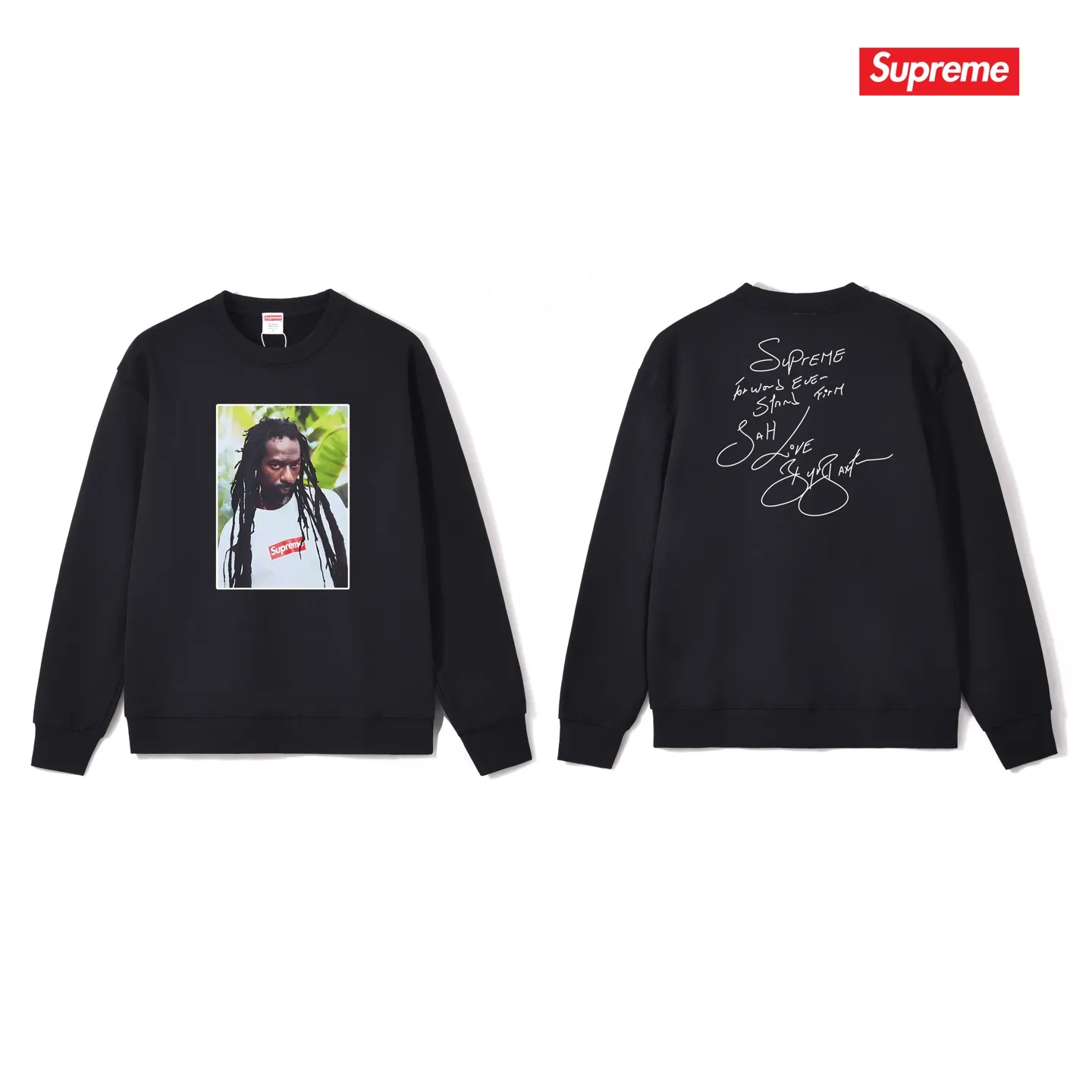Style No. S1035 #terry p150💰 Velvet 160💰 Supreme SS19 Buju Banton Tee reggae character print round neck sweatshirt Made of 400g large terry (drop shoulder large version) fabric, soft texture and no pilling Imported environmentally friendly printing glue The pattern is bright and three-dimensional Quality 💥Same style for men and women The upper body is trendy Color: black white gray Size: S M L XL XXL
