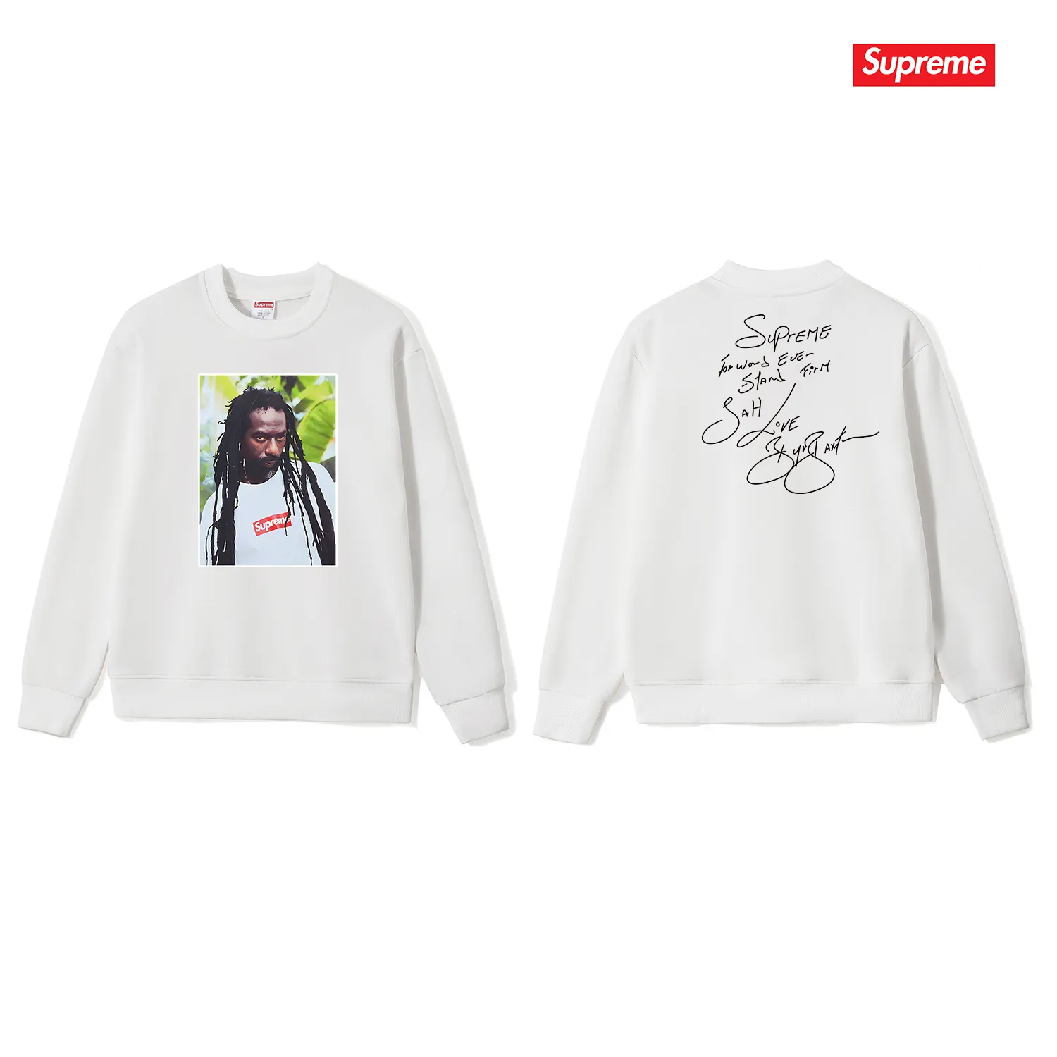Style No. S1035 #terry p150💰 Velvet 160💰 Supreme SS19 Buju Banton Tee reggae character print round neck sweatshirt Made of 400g large terry (drop shoulder large version) fabric, soft texture and no pilling Imported environmentally friendly printing glue The pattern is bright and three-dimensional Quality 💥Same style for men and women The upper body is trendy Color: black white gray Size: S M L XL XXL