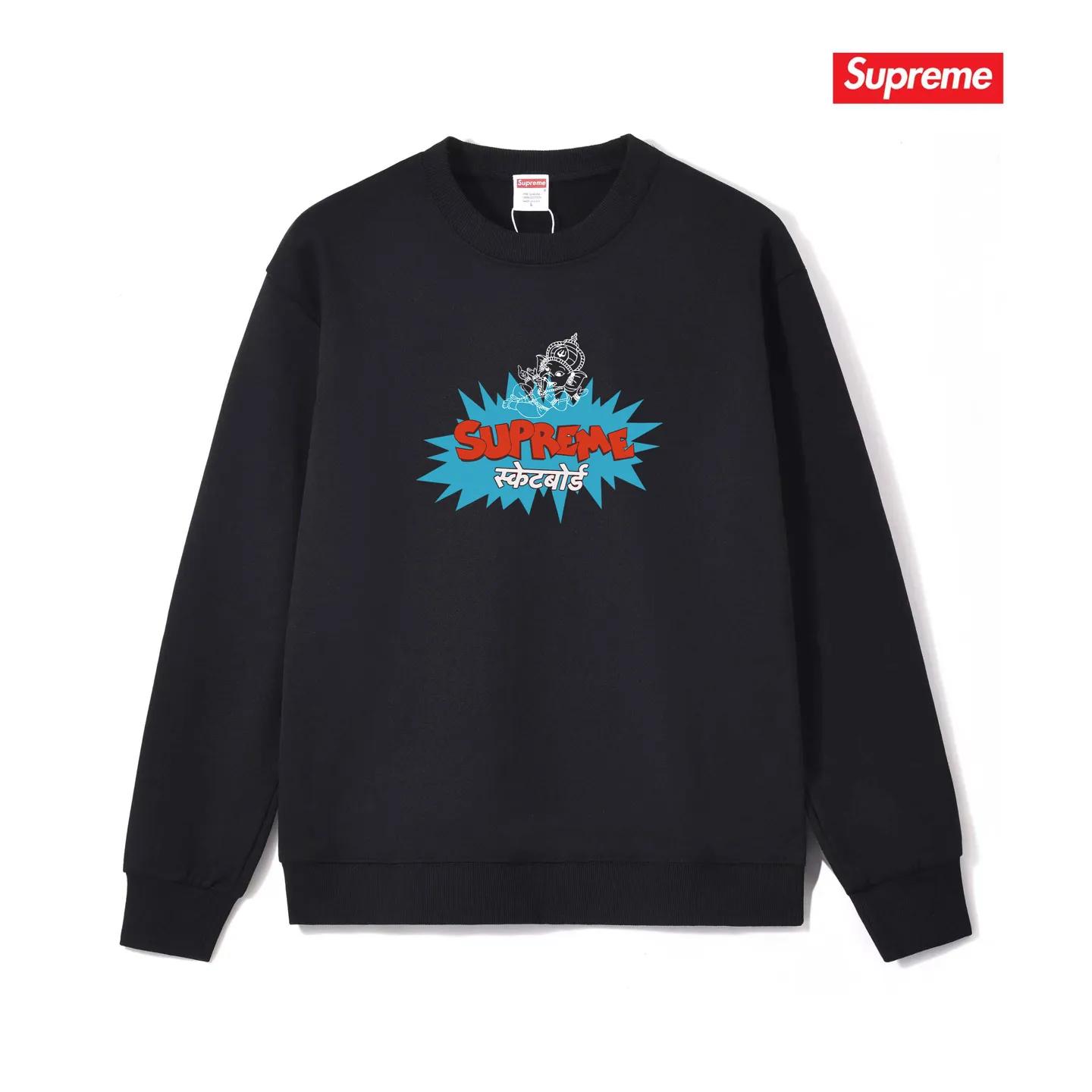 Style No. S1173 #terry p150💰 Plus velvet 160💰 SUPREME Ganesha explosion LOGO printing round neck sweatshirt Made of 400 grams of large terry (drop shoulder large version) fabric, soft texture and no pilling Imported environmentally friendly printing glue The pattern is bright and three-dimensional Quality 💥Same style for men and women The upper body is trendy Color: black white gray Size: S M L XL XXL